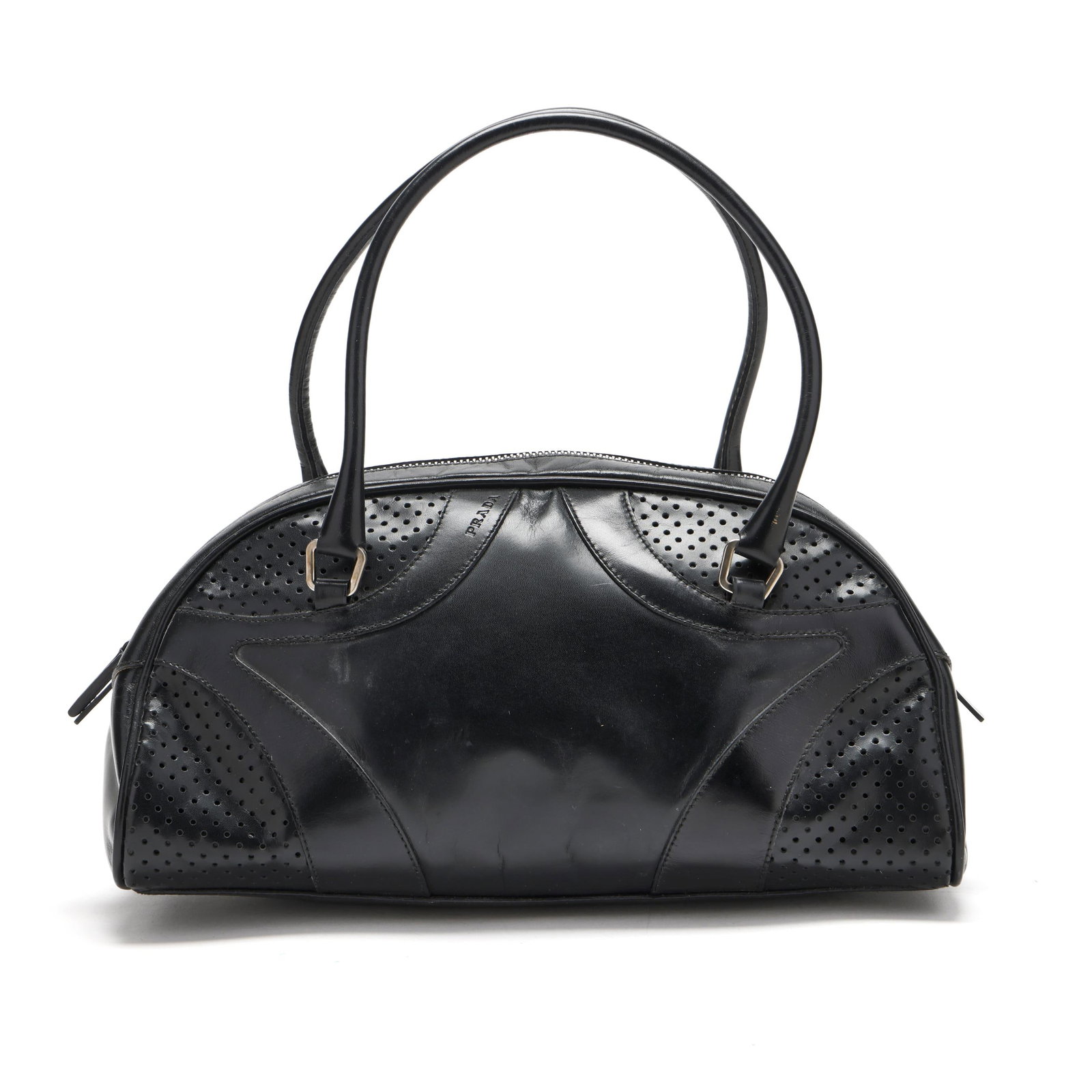 Black Leather Vitello Drive Bowling Bag, Prada: Black Leather Vitello Drive Bowling Bag, Prada made in Italy of black leather in a stylized bowling bag design, with silver-tone hardware, rolled leather handles, and perforated leather detailing, the
