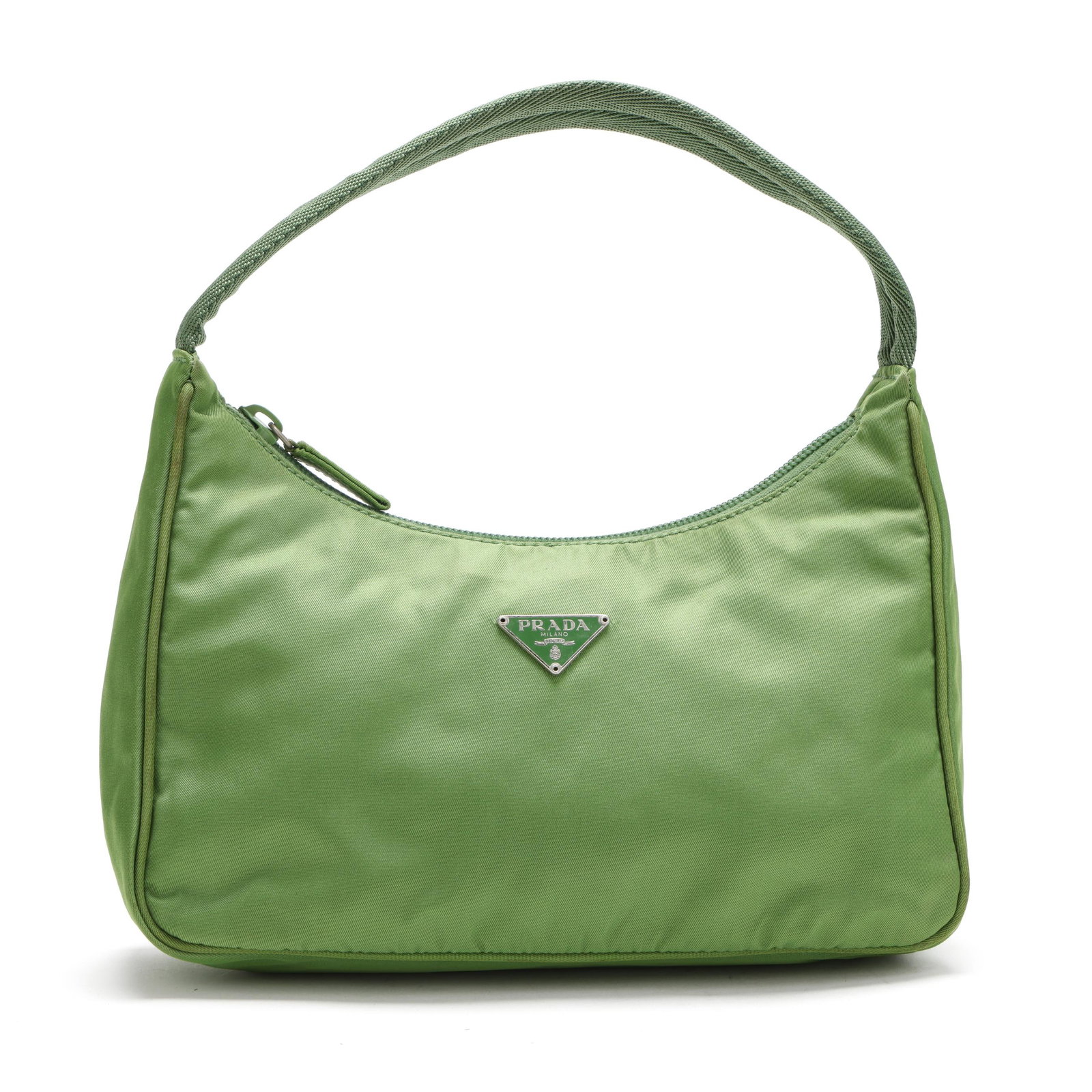 Green Nylon Shoulder Bag, Prada: Green Nylon Shoulder Bag, Prada made in Italy of green nylon fabric, with green woven fabric shoulder strap and metal brand tag; the interior in green nylon with metal brand tag. 6 x 8 11/16 x 8 5/8 i