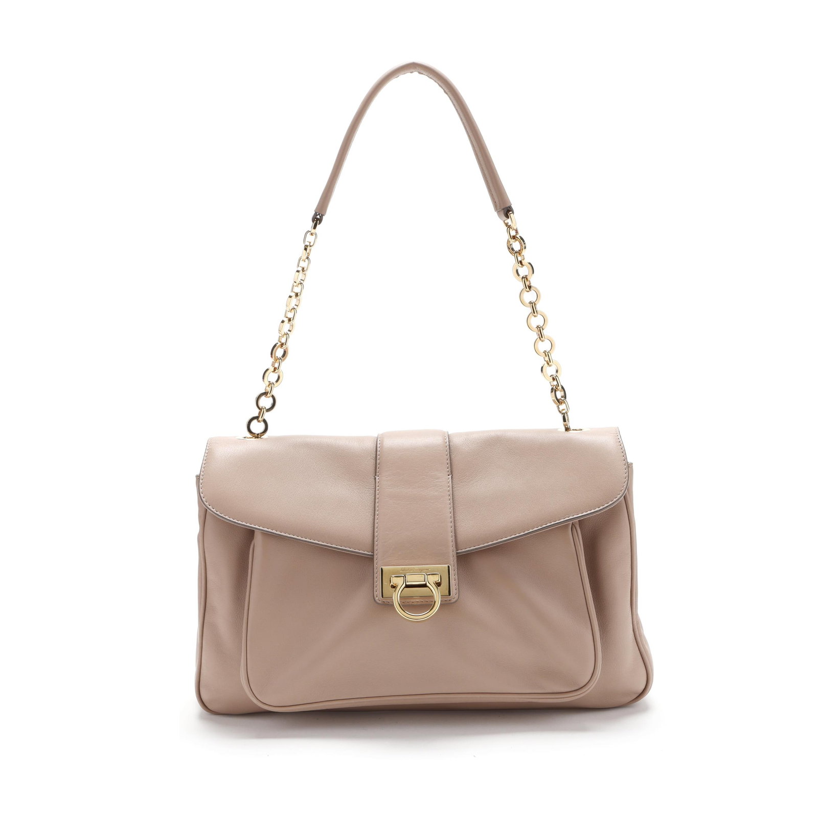 Leather Paula Shoulder Bag, Salvatore Ferragamo: Leather Paula Shoulder Bag, Salvatore Ferragamo made in Italy of smooth smoky quartz leather, gold-tone hardware, flat leather handle with chain link strap, and Gancini clasp to flap over side pocket 