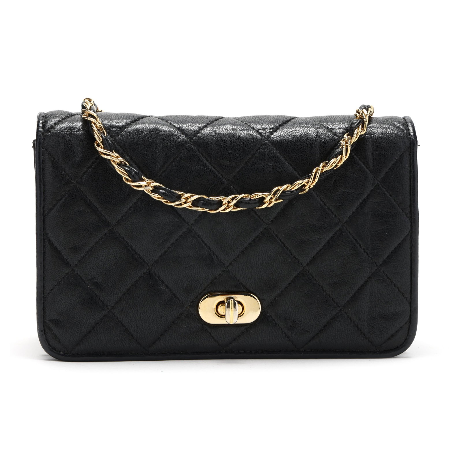Black Leather Quilted Shoulder Bag, Kamarel: Black Leather Quilted Shoulder Bag, Kamarel the exterior in black quilted leather with gold-tone hardware, leather chain shoulder strap, and flap with turnlock, the interior in black leather with open