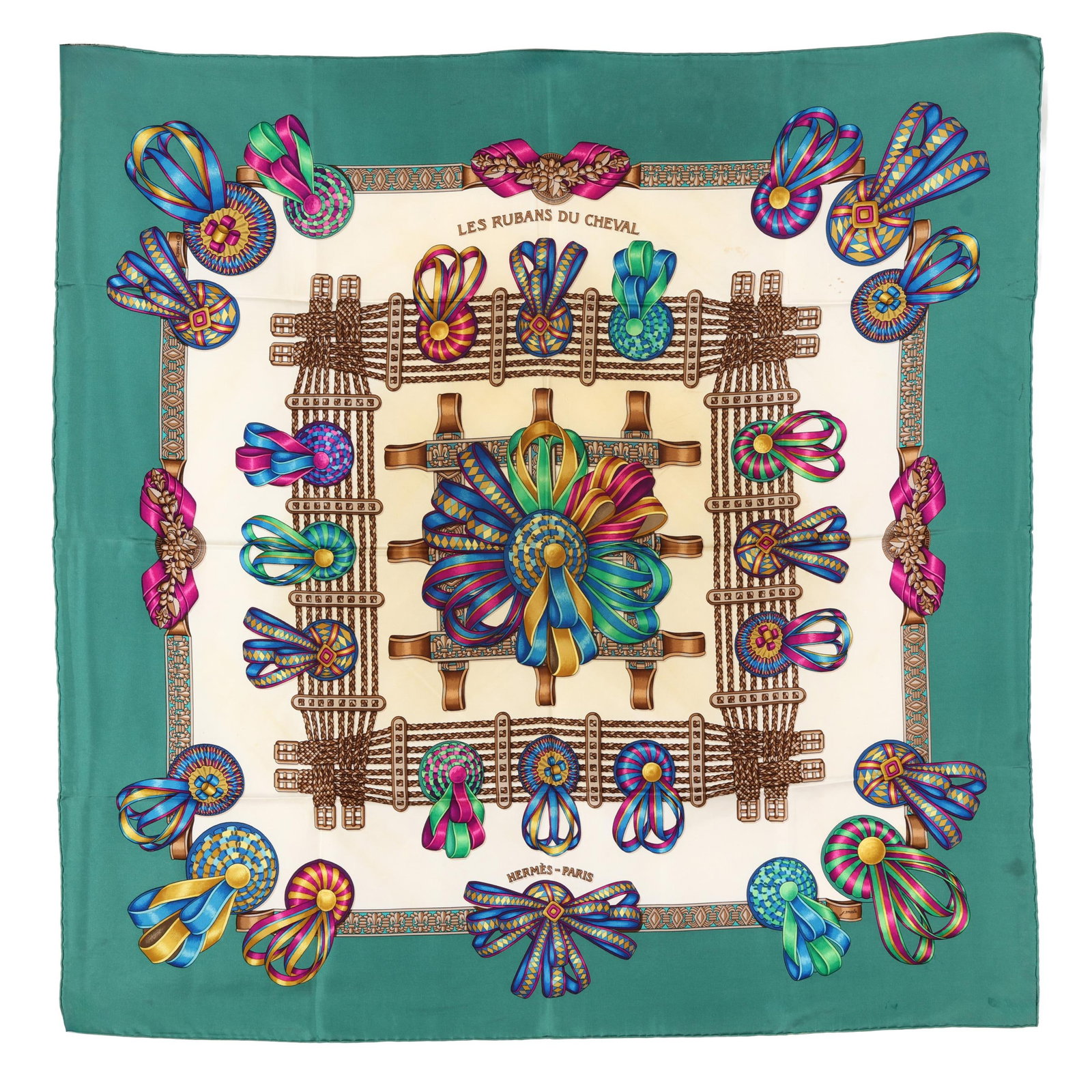 Silk Les Rubans du Cheval Scarf, Hermès: Silk Les Rubans du Cheval Scarf, Hermès made in France and designed by artist Joachim Metz, the silk twill with rolled and hand stitched edges, featuring intricate rosette and vibrant award ribbon mo