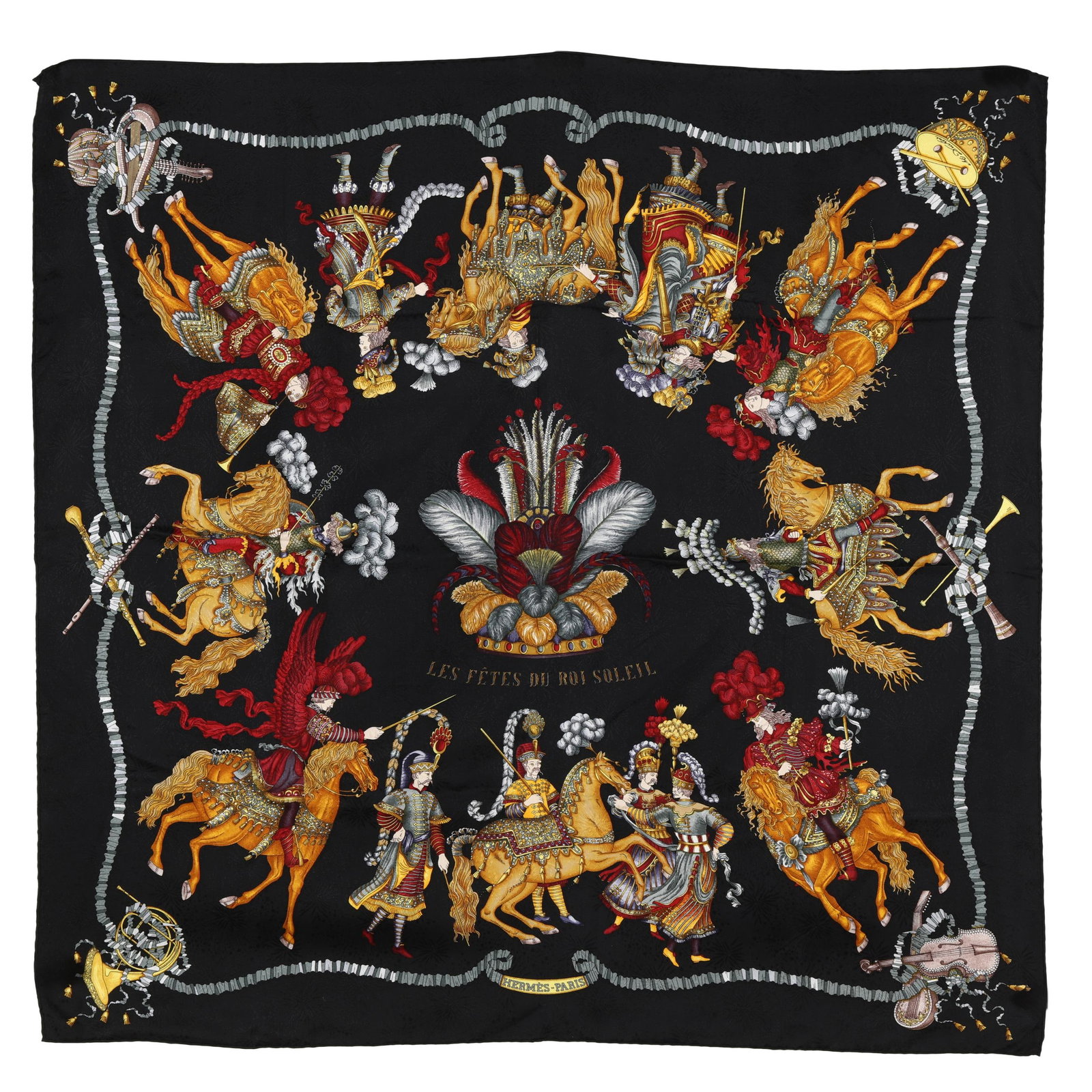 Silk Les Fêtes du Roi Soleil Scarf, Hermès: Silk Les Fêtes du Roi Soleil Scarf, Hermès made in France and designed by artist Michel Duchène, the silk twill with rolled and hand stitched edges, designed as an homage to King Louis XIV of Franc