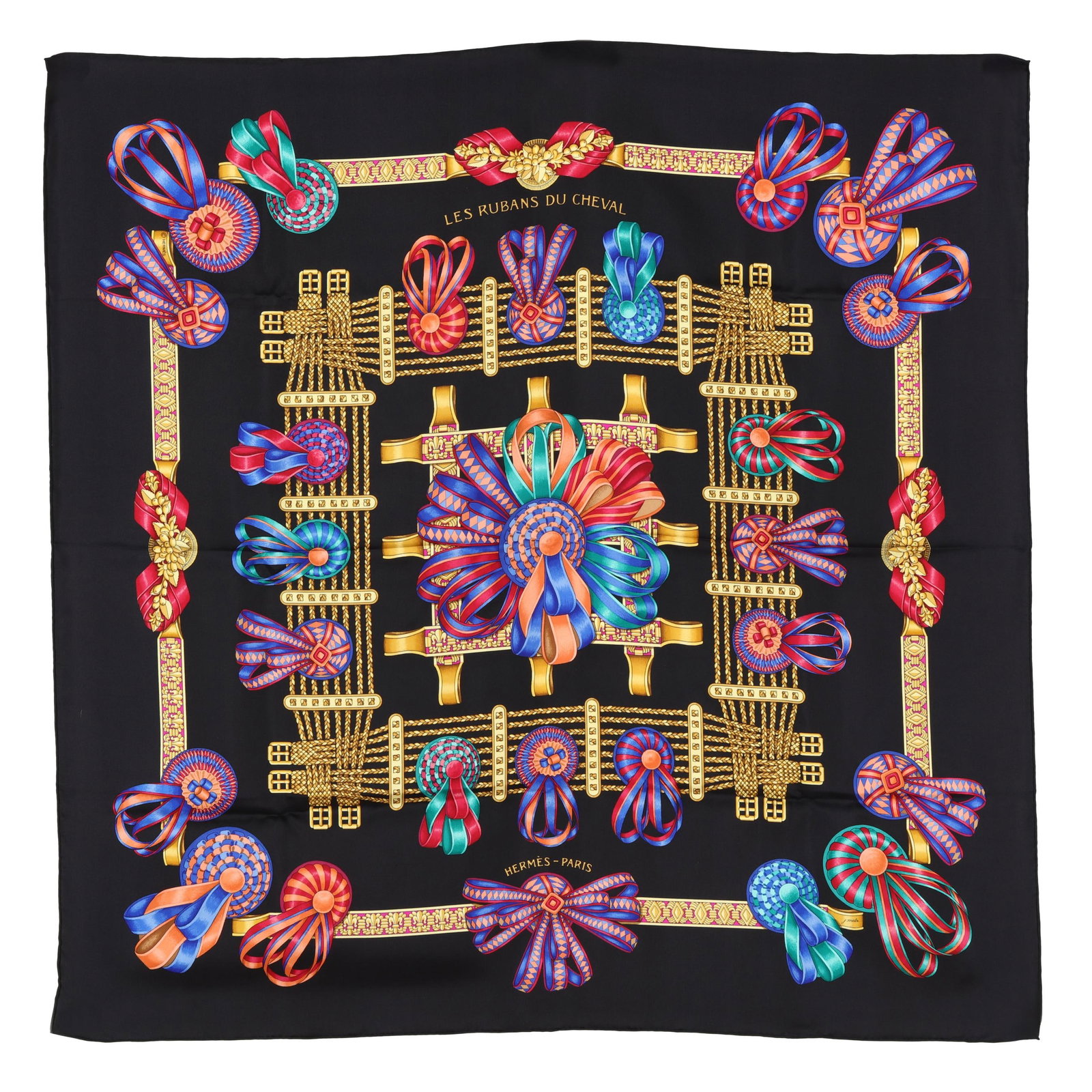 Silk Les Rubans du Cheval Scarf, Hermès: Silk Les Rubans du Cheval Scarf, Hermès made in France and designed by artist Joachim Metz, the silk twill with rolled and hand stitched edges, featuring intricate rosette and vibrant award ribbon mo