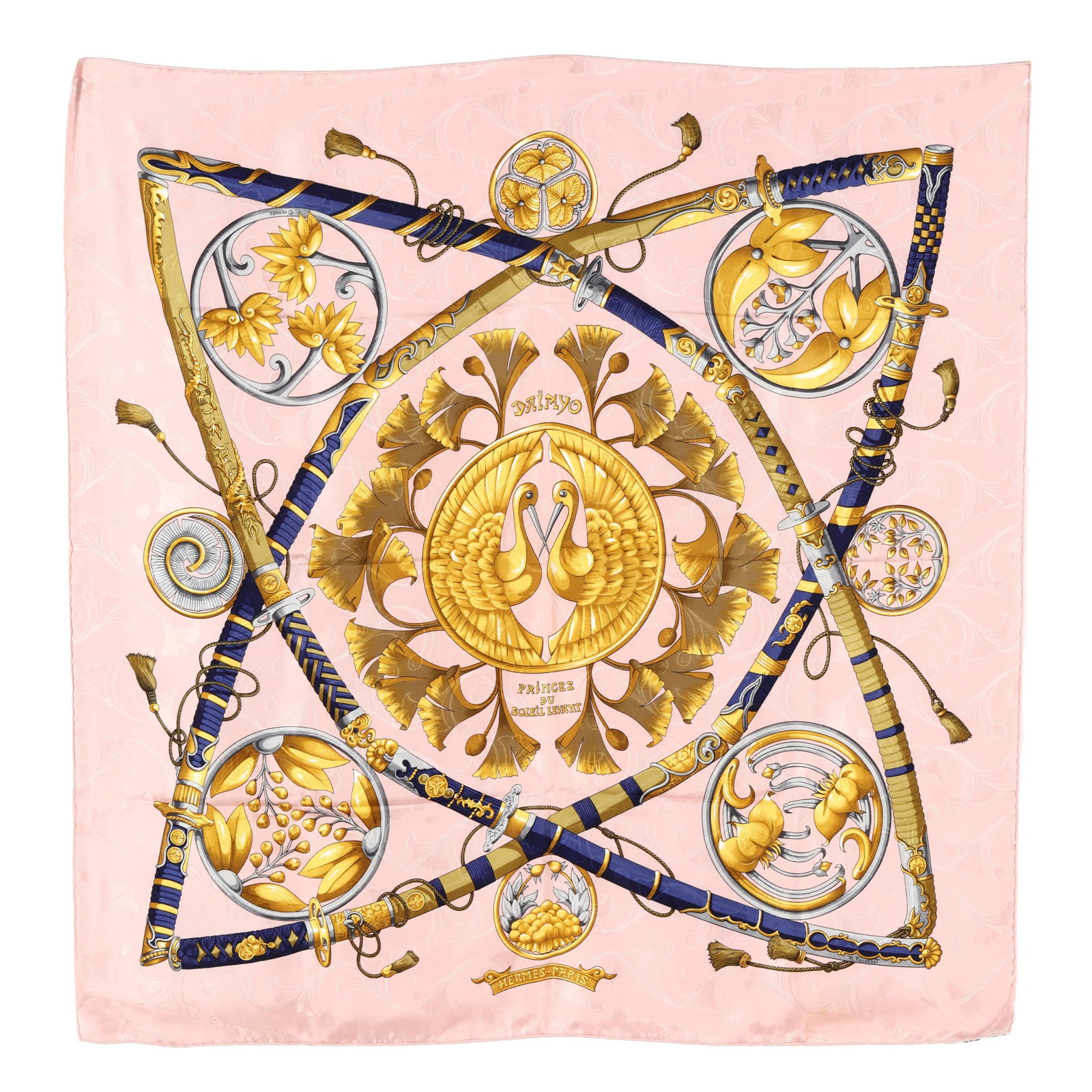 Silk Daïmyo Princes du Soleil Levant Scarf, Hermès: Silk Daïmyo Princes du Soleil Levant Scarf, Hermès made in France and designed by artist Françoise Faconnet, the silk twill with rolled and hand stitched edges, featuring the central image of two c