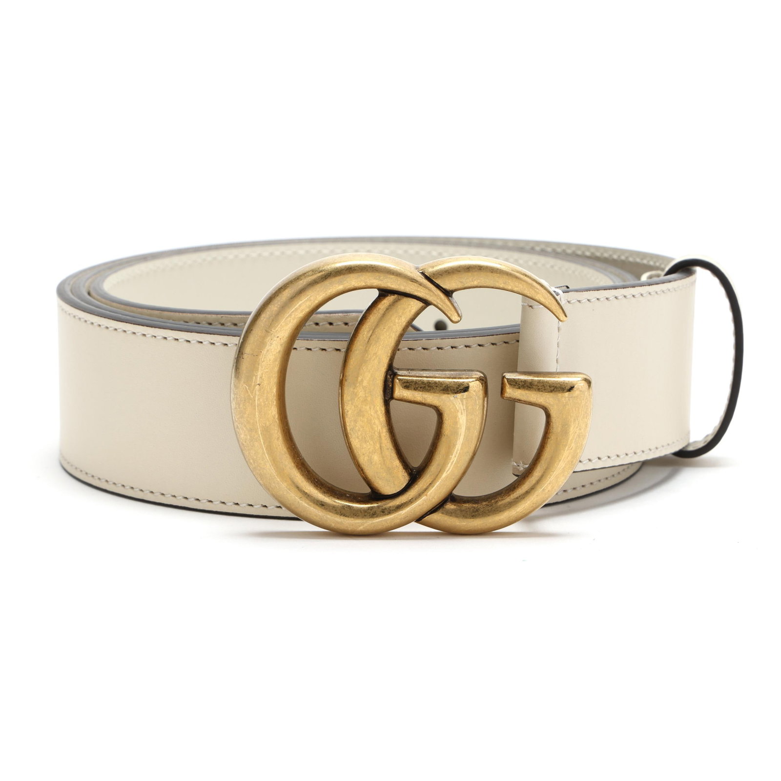 White Leather GG Marmont Belt, Gucci: White Leather GG Marmont Belt, Gucci made in Italy of smooth white leather, interlocking GG buckle, gold-tone hardware, and with brand stamp and item number 400593 - AP00T -105 - 42 - 480199. Accompan