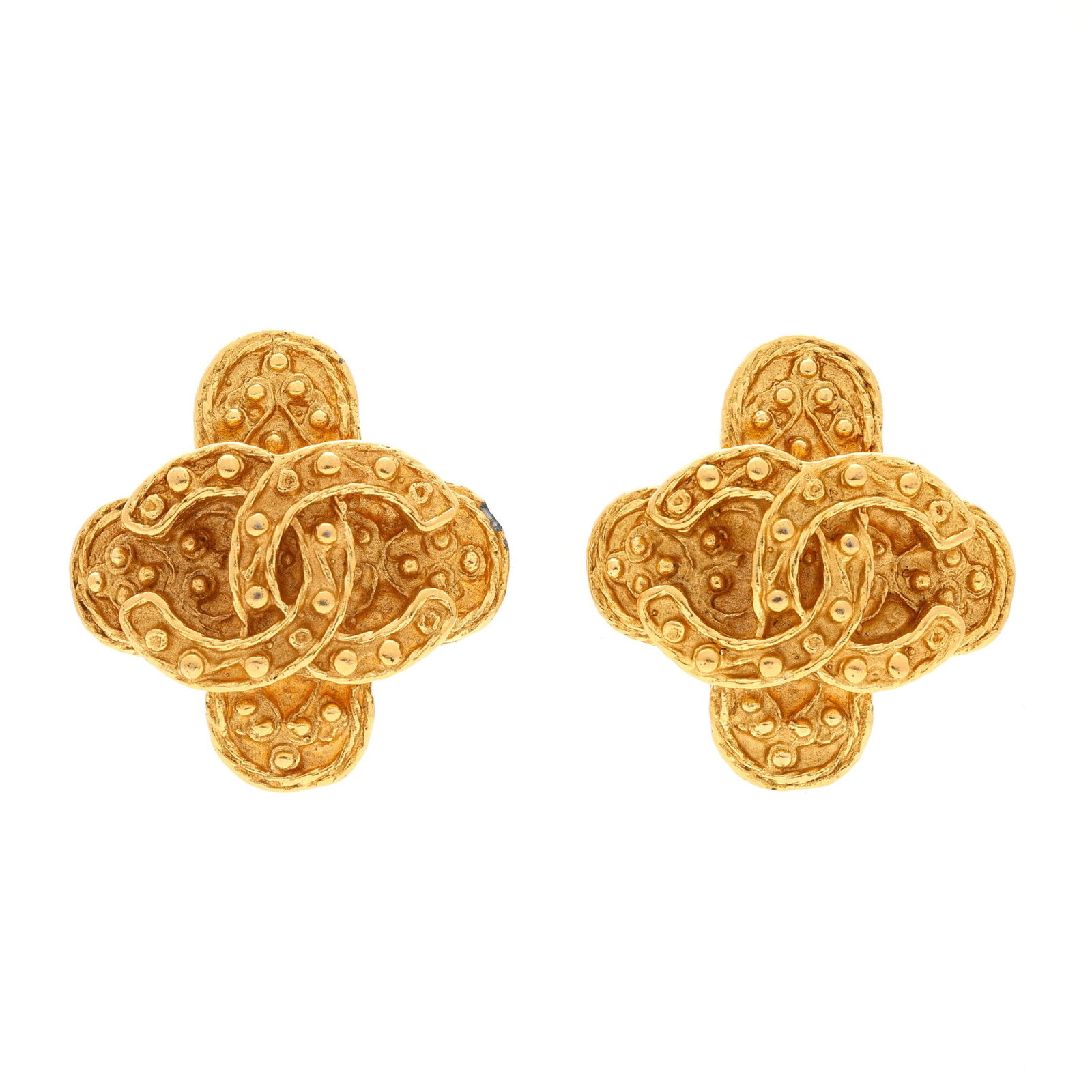 Gold-Tone Monogram Clip On Earrings, Chanel: Gold-Tone Monogram Clip On Earrings, Chanel made in France, in quatrefoil design with CC monogram to center and beaded motif, completed with ear clip backs, signed. 1 1/8 x 1 1/8 in. Additional high-r
