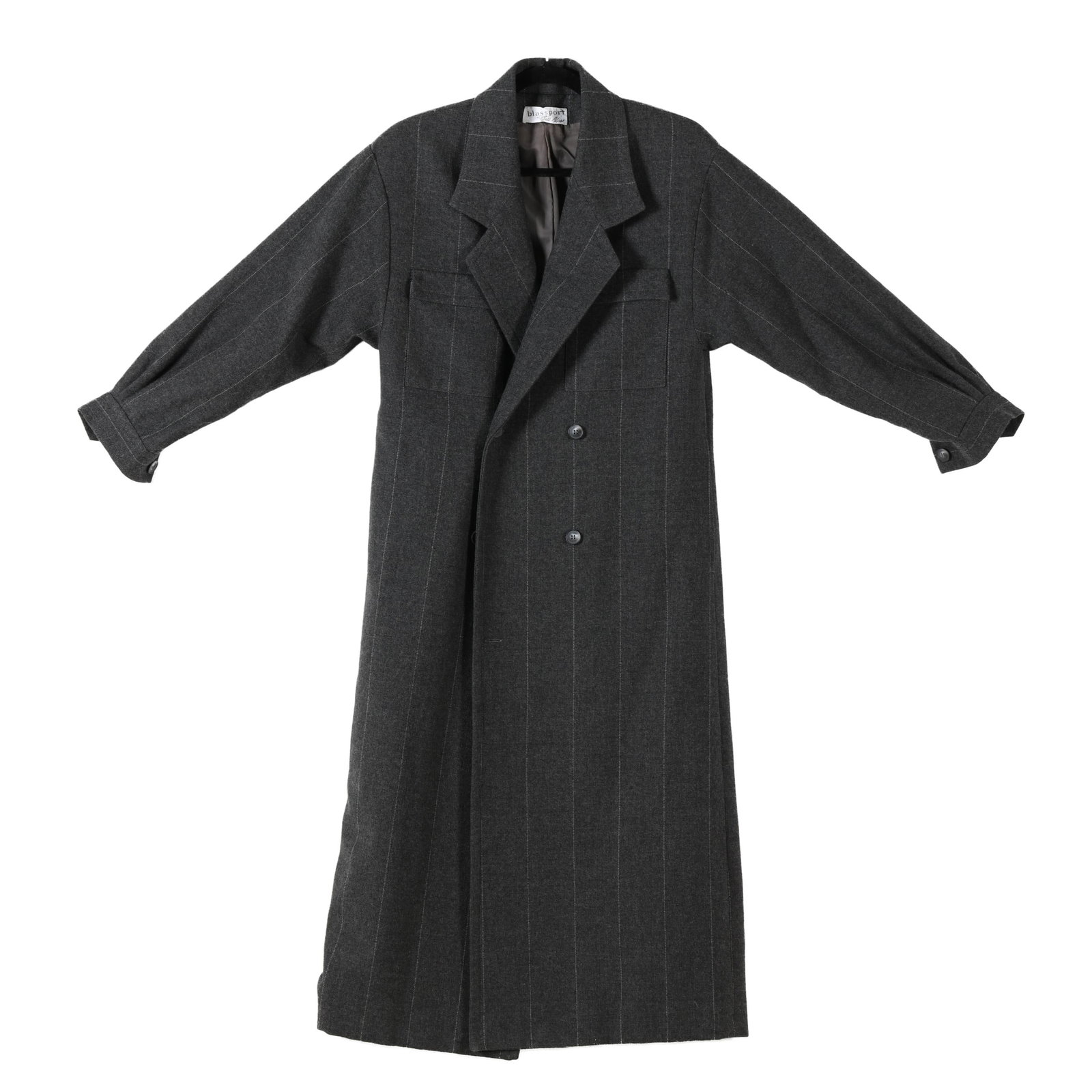 Gray Wool Overcoat, Bill Blass: Gray Wool Overcoat, Bill Blass grey brushed wool with white vertical stripe, silk lining, double breasted with two breast pockets and two hand pockets, with shoulder pads, tagged blassport by Bill Bla