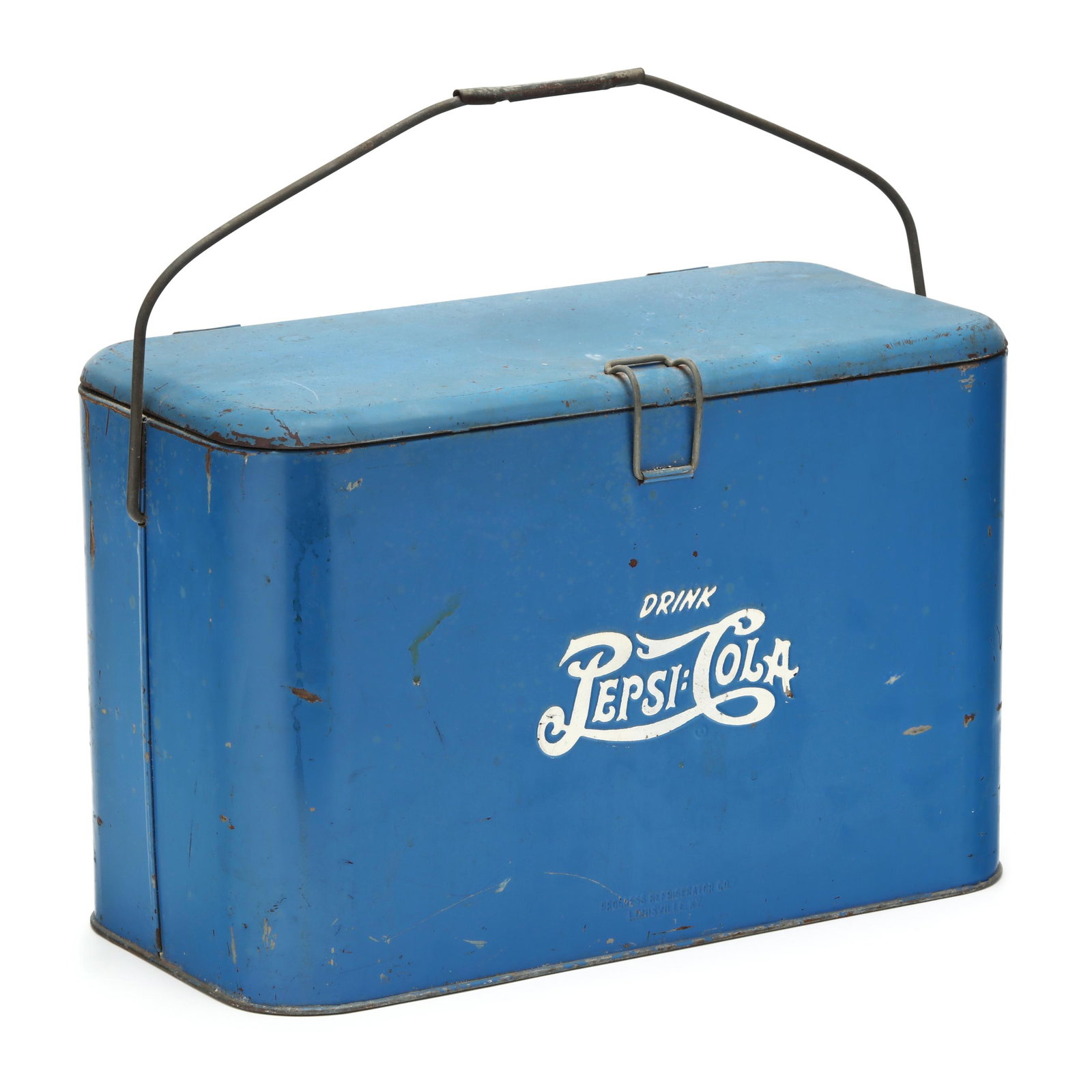 Vintage Pepsi-Cola Cooler Chest: Vintage Pepsi-Cola Cooler Chest 1950s, galvanized steel construction with blue and white paint, rectangular form with curved corners, embossed lettering, hinged lid with wire latch closure, and swing 
