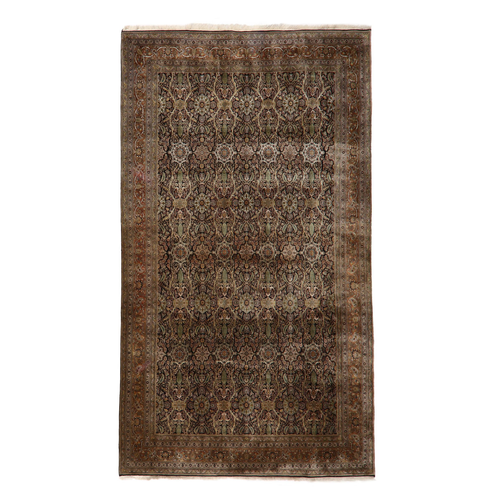 Indo-Persian Palace Size Carpet: Indo-Persian Palace Size Carpet wool on cotton foundation, the black field with allover lattice of large floral and foliate motifs, the rust red main border with large boteh and palmette motifs, withi