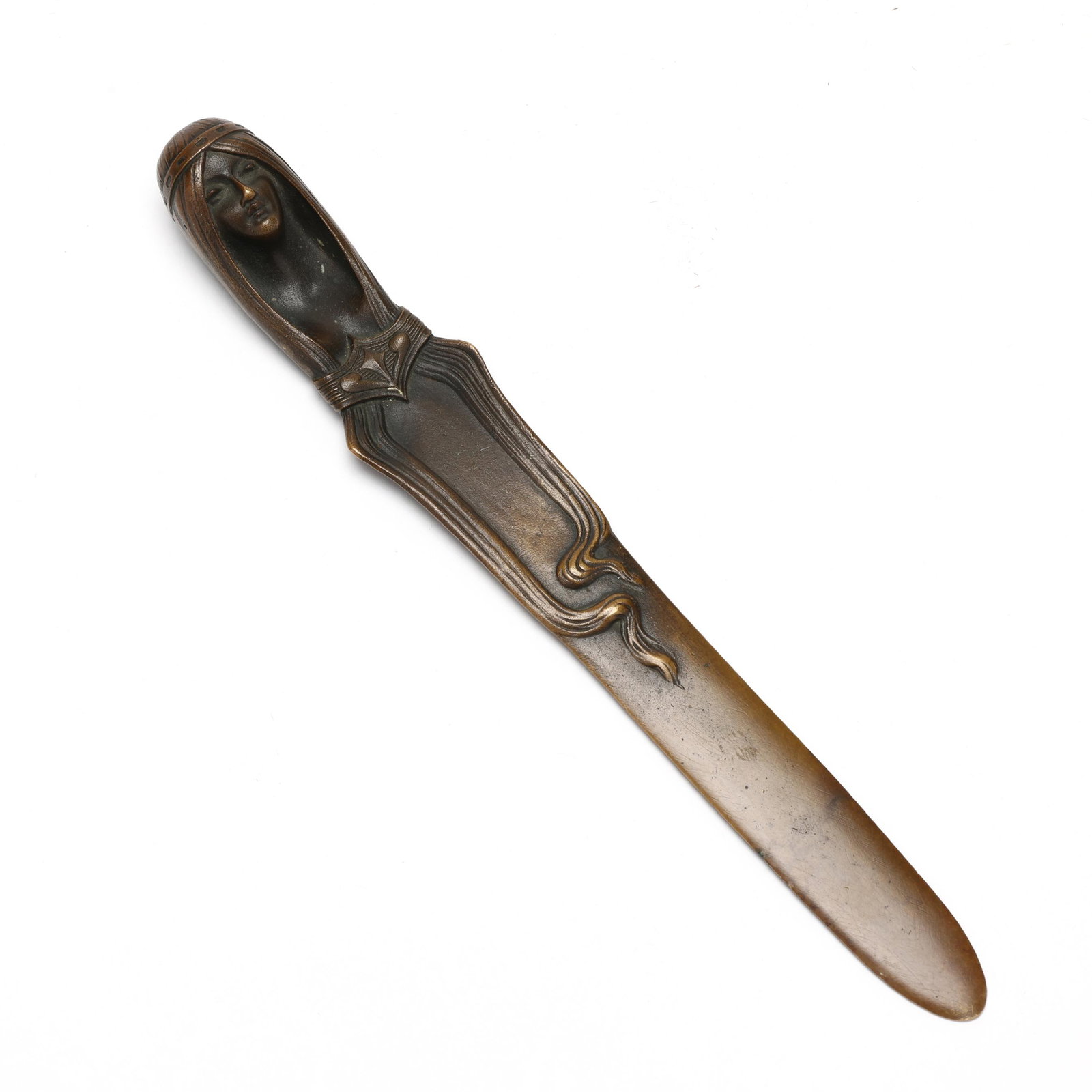 Attributed Albert Reimann (German, 1874-1976), Jugendstil Bronze Letter Opener: Attributed Albert Reimann (German, 1874-1976), Jugendstil Bronze Letter Opener early 20th century, patinated bronze, the handle terminus cast a maiden head with flowing hair, unsigned. 1 1/2 x 10 1/4 