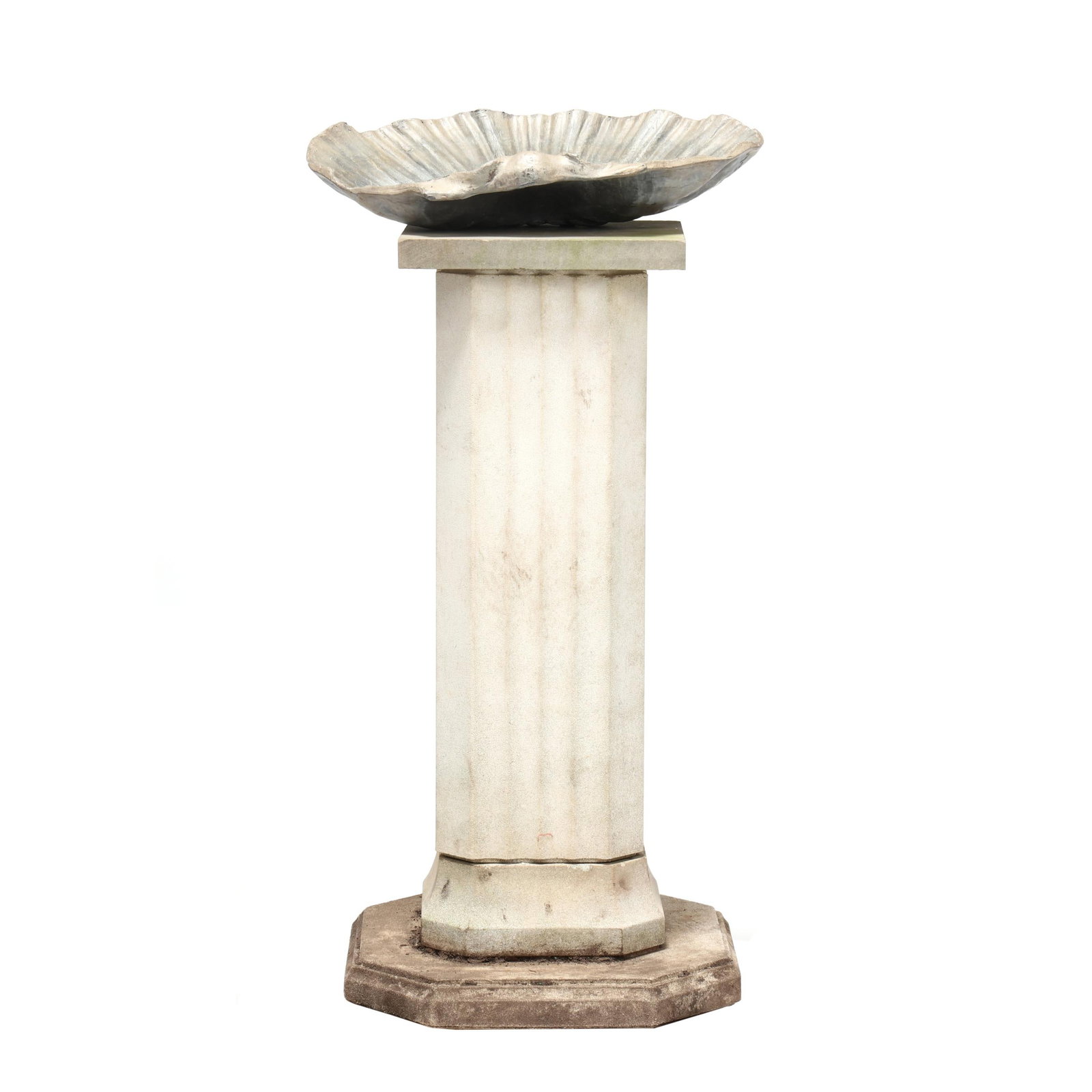 Shell Form Lead Garden Font on Cast Stone Plinth: Shell Form Lead Garden Font on Cast Stone Plinth 20th century, assembled four-part cast stone fluted columnar plinth, supporting a removable cast lead shell bath, unsigned. 35 1/2 x 16 x 16 in. Additi