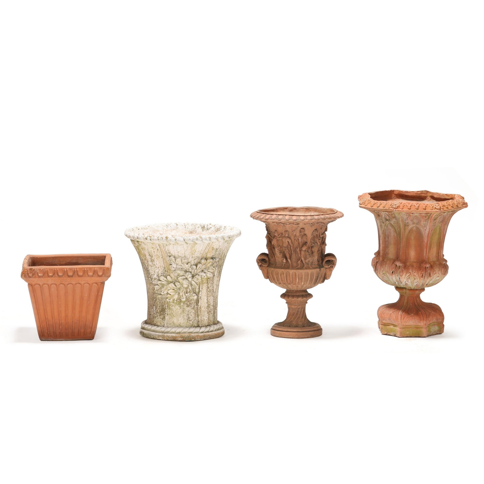 Selection of Four Ceramic and Stone Garden Planters: Selection of Four Ceramic and Stone Garden Planters mid-late 20th century, first a Neoclassical style terracotta urn with bacchanalian scene, two ram head handles, and egg and dart rim (18 1`/4 x 14