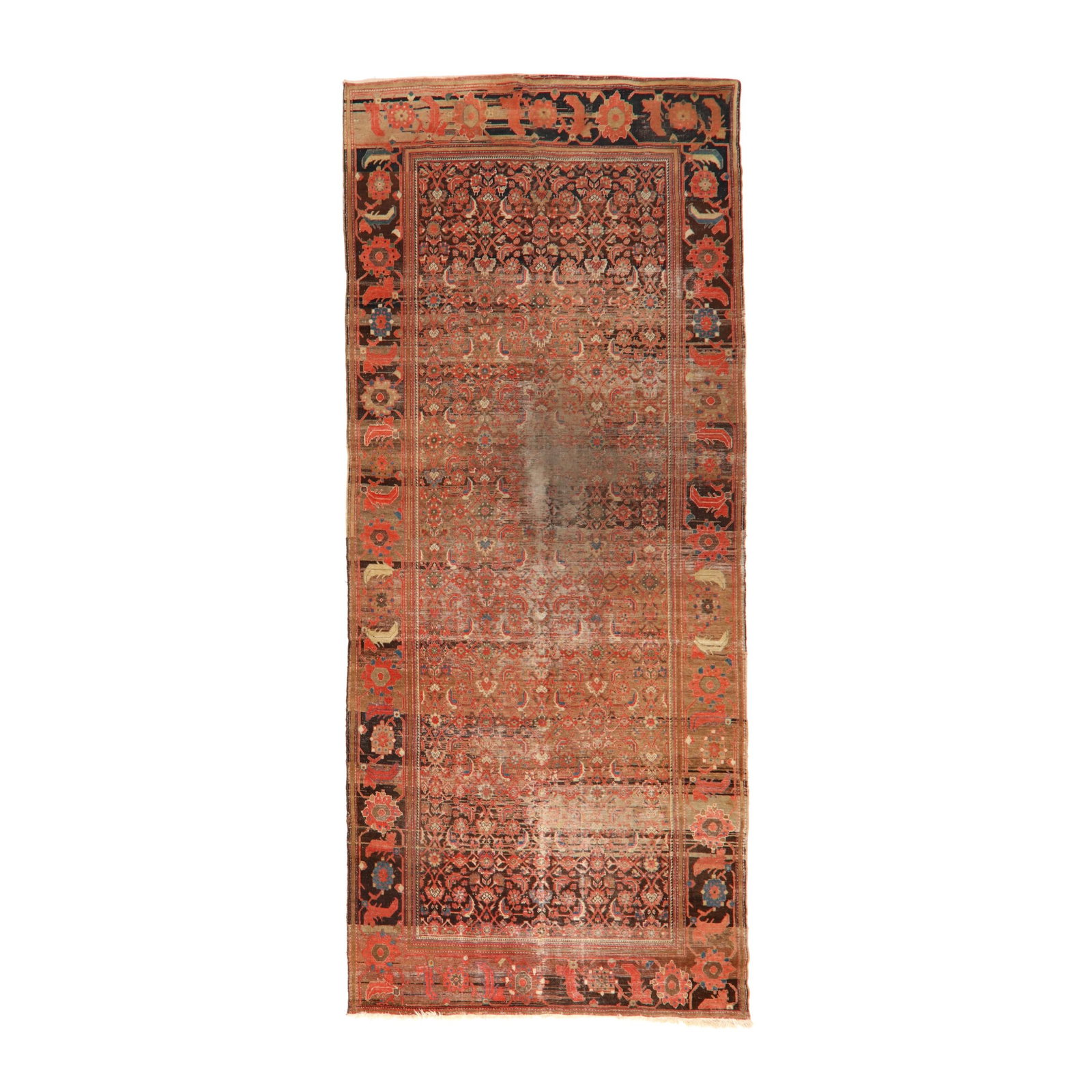 Persian Carpet: Persian Carpet wool, the dark brown field with lattice of floral and foliate motifs in red and blue, the wide dark brown border with repeating florette and foliate motifs, within minor borders. 7 ft 6