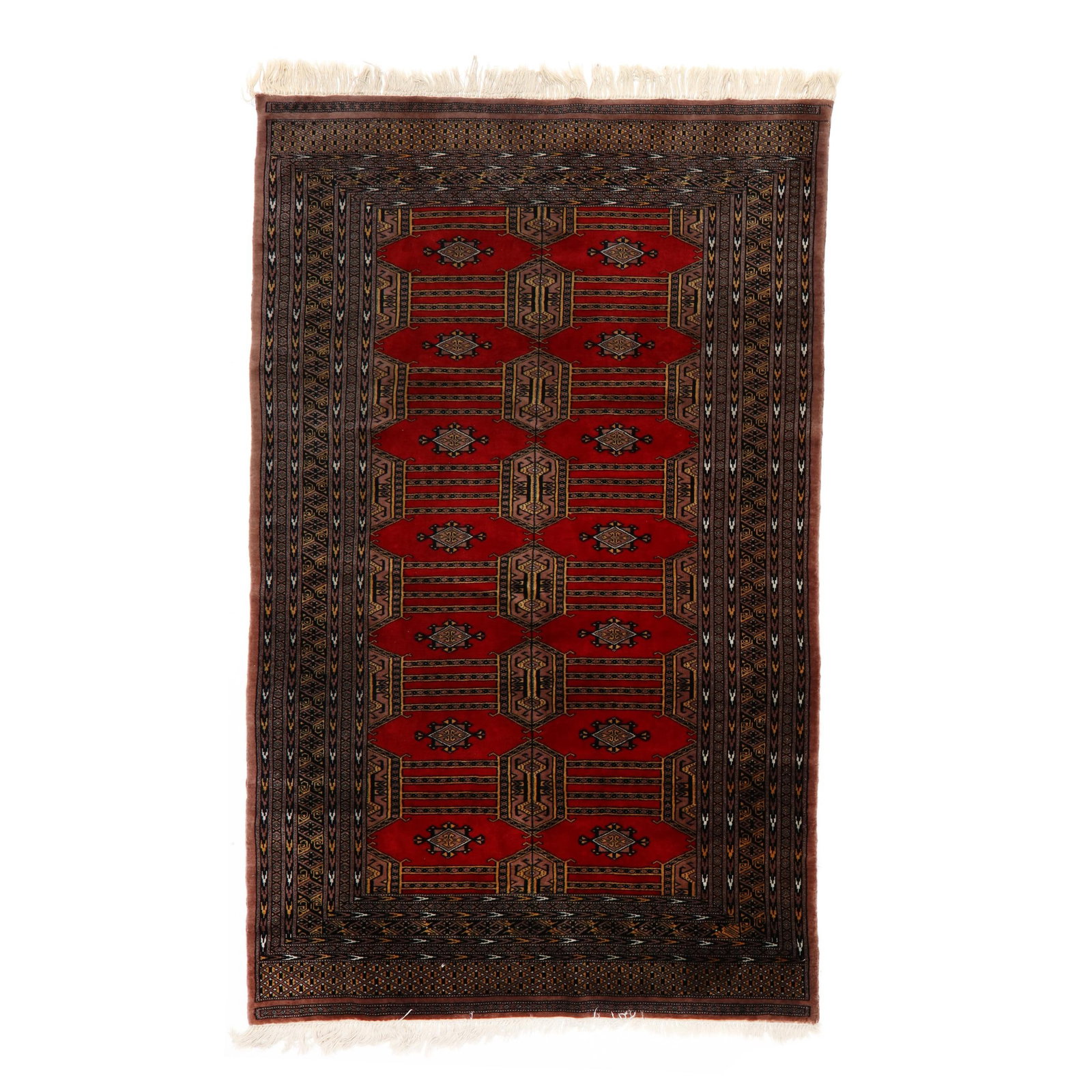 Pak Bokhara Area Rug: Pak Bokhara Area Rug wool on cotton foundation, the red field with taupe and yellow hexagonal motifs connected by bars and divided by decorative diamond motifs, the multiple taupe and black borders wi