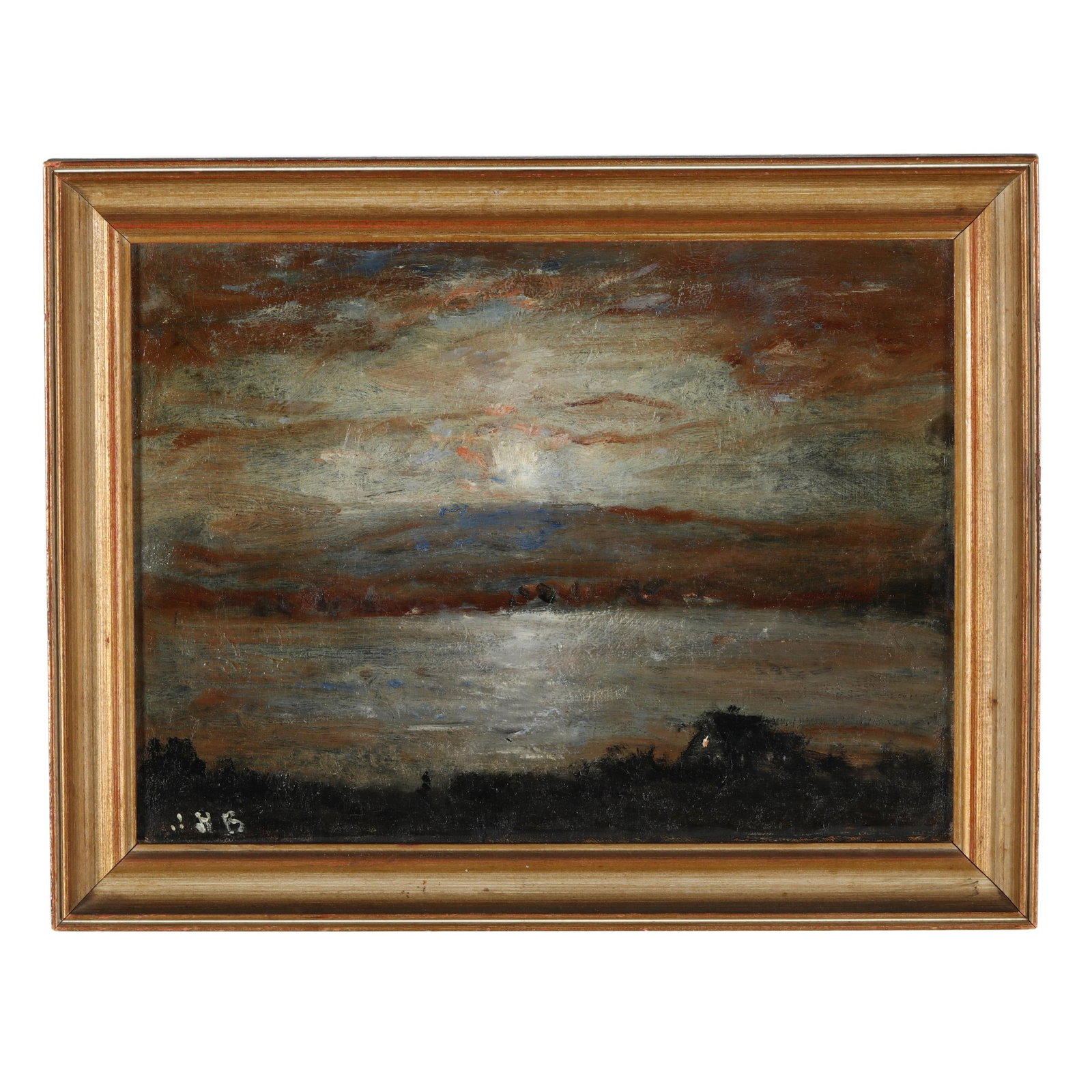 Joseph Henry Boston (Bridgeport, CT, 1860-1954), Moonlit Lake with House: Joseph Henry Boston (Bridgeport, CT, 1860-1954), Moonlit Lake with House oil on canvas, signed with the artist's initials at lower left, presented in a later frame. Stretcher 12 x 16 in.; Frame dimens