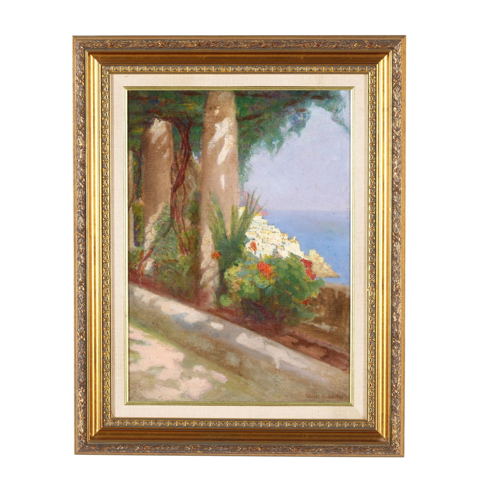 Charles Shackleton (American, 1856-1920), Sunlit Loggia: Charles Shackleton (American, 1856-1920), Sunlit Loggia oil on canvas (lined), signed at lower right, presented in a later gilt frame with linen liner. Stretcher size 13 1/4 x 18 in.; Frame dimensions