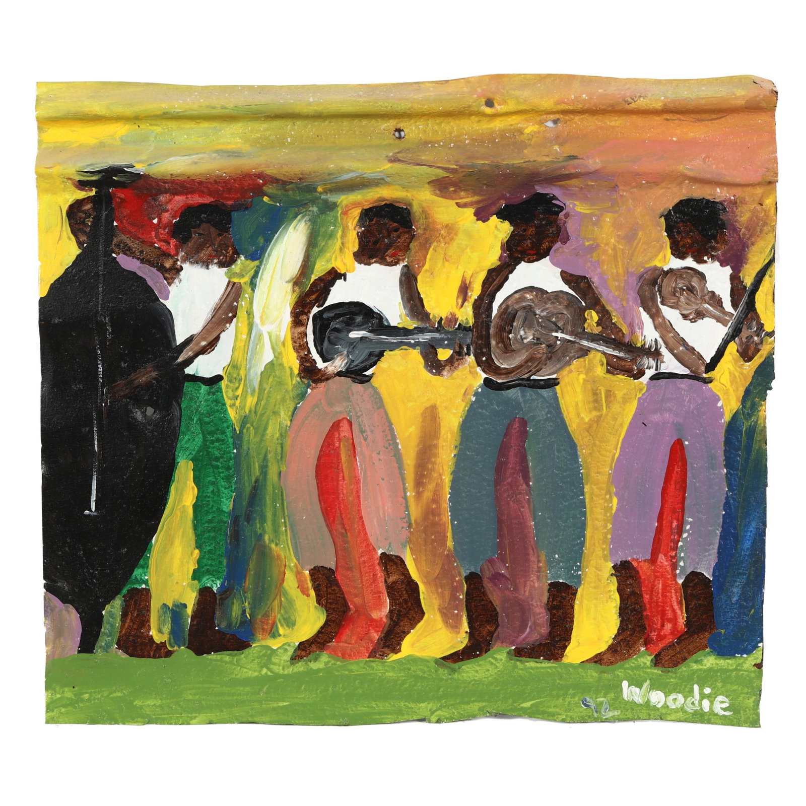 Woodie Long (FL, 1942-2009), Musicians: Woodie Long (FL, 1942-2009), Musicians paint on found metal fragment, 1992, signed "Woodie" at lower right, inscribed #3330 on verso. 12 5/8 x 14 in. A former house painter, Woodie discontinued his oc