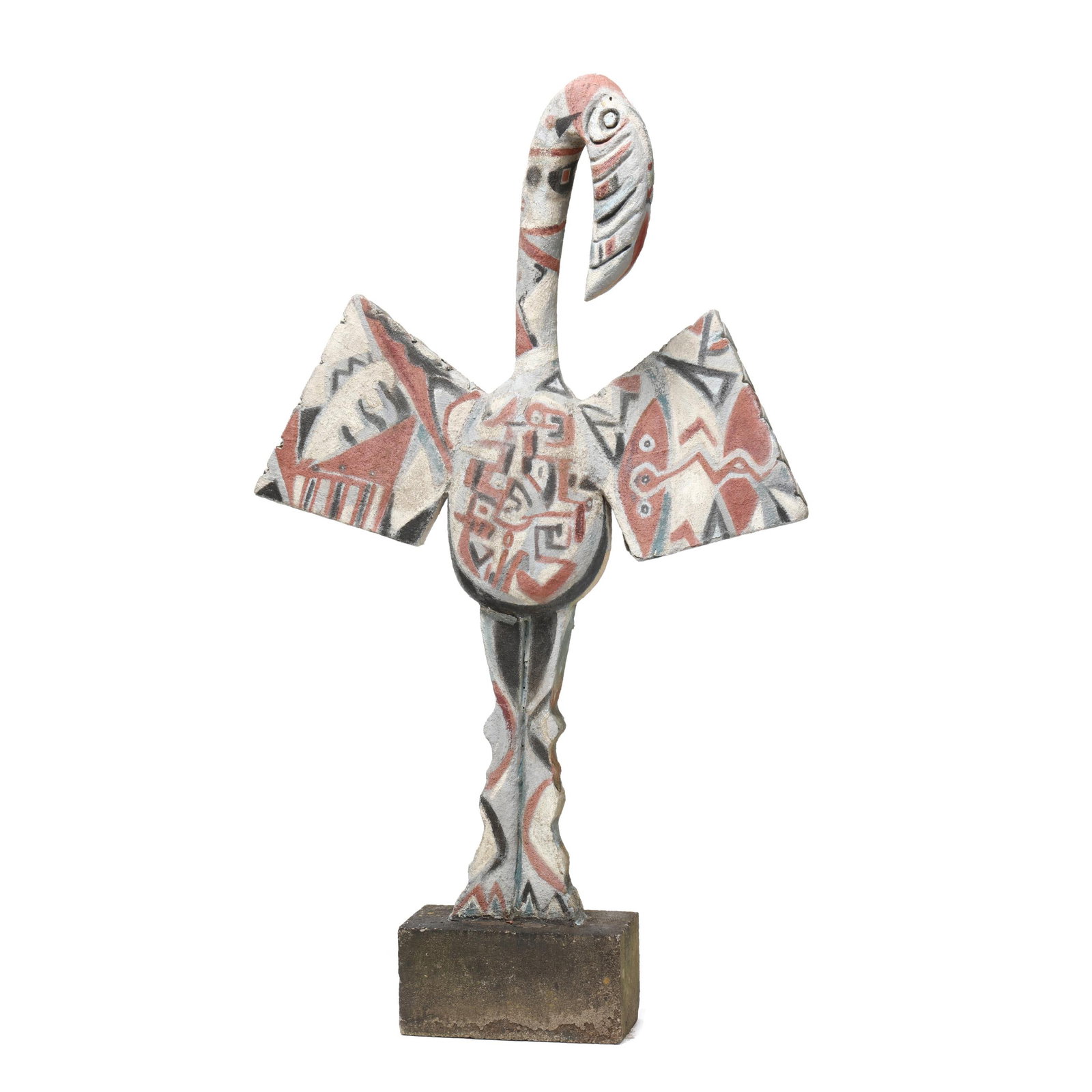 Gloria Roberts (NC, d. 2016), 5 1/2 Ft. Aboriginal Style Bird Sculpture: Gloria Roberts (NC, d. 2016), 5 1/2 Ft. Aboriginal Style Bird Sculpture polychrome and textured surface over foam, mounted atop a rectangular cement base, signed "Gloria Roberts" to the upper base. 56