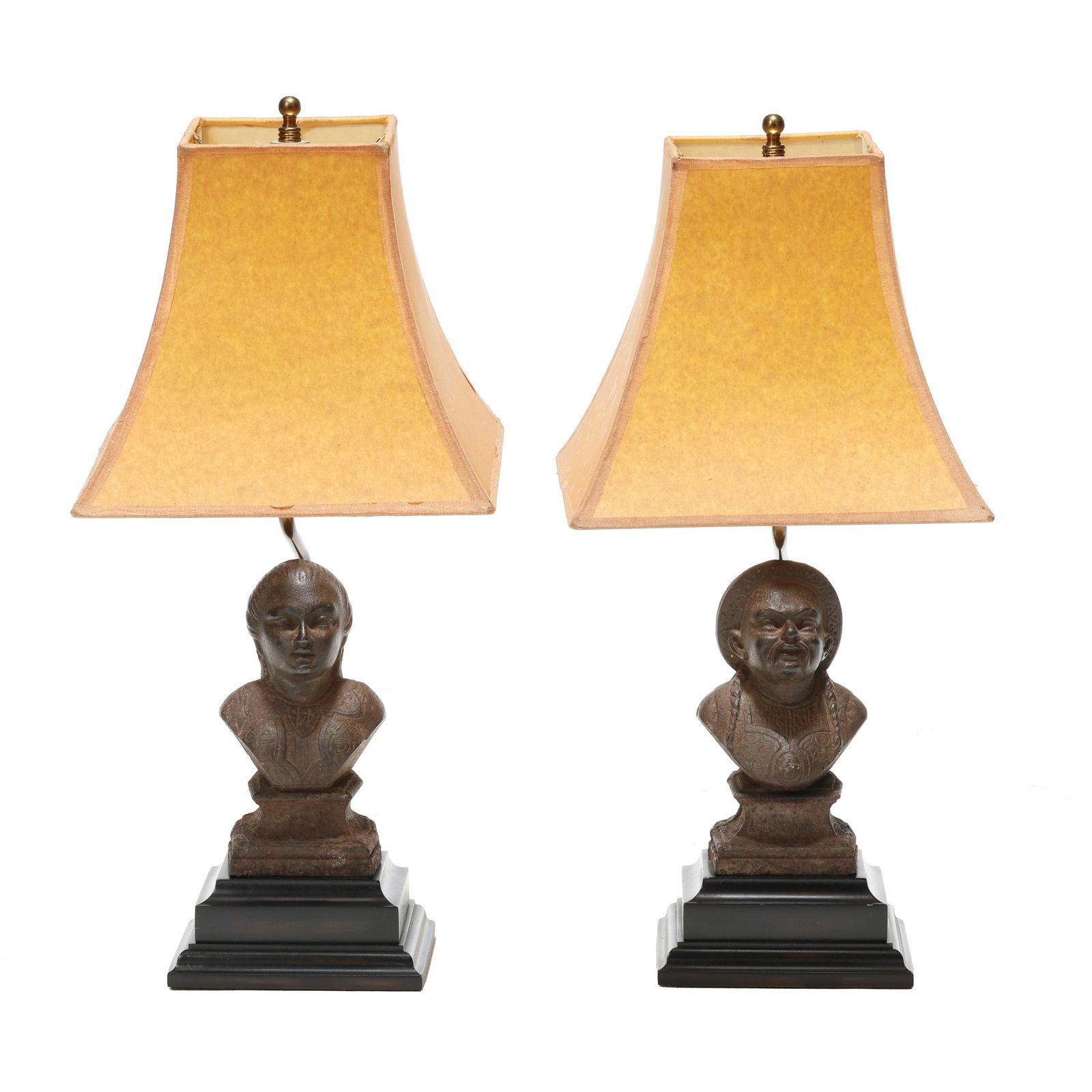 Pair of Cast Iron Chinoiserie Bust Table Lamps: Pair of Cast Iron Chinoiserie Bust Table Lamps vintage cast iron busts in male and female form, mounted to a conforming ebonized wood base with single socket fixture and paper shades, unmarked. 21 1/2