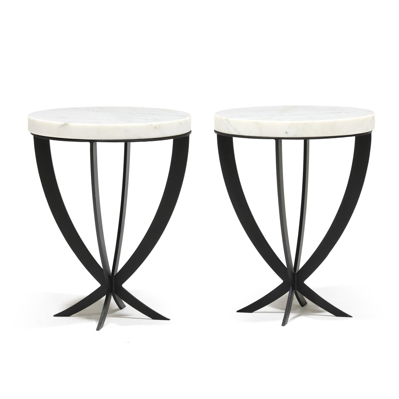 Revelation by Uttermost, Pair of Marble Top Side Tables: Revelation by Uttermost, Pair of Marble Top Side Tables contemporary, thick circular marble top set on black painted iron base, labeled. 25.5 x 20 in. diameter Being Sold to Benefit the Habitat for Hu