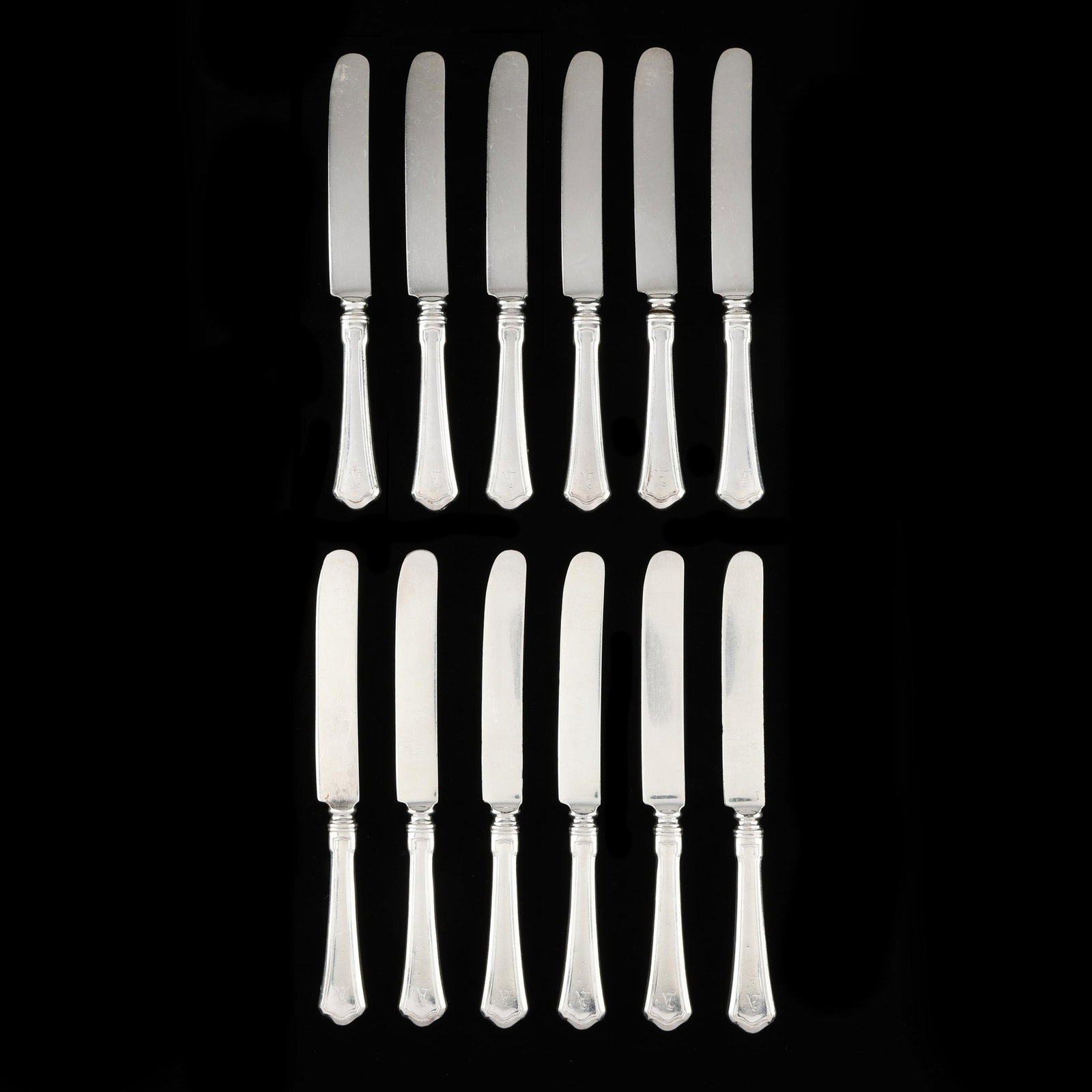 Set of Twelve Wallace Washington Sterling Silver Dinner Knives: Set of Twelve Wallace Washington Sterling Silver Dinner Knives patented 1911, with stainless steel blades and "A" monograms. 9 in. Additional high-resolution photos are available at www.lelandlittle.c