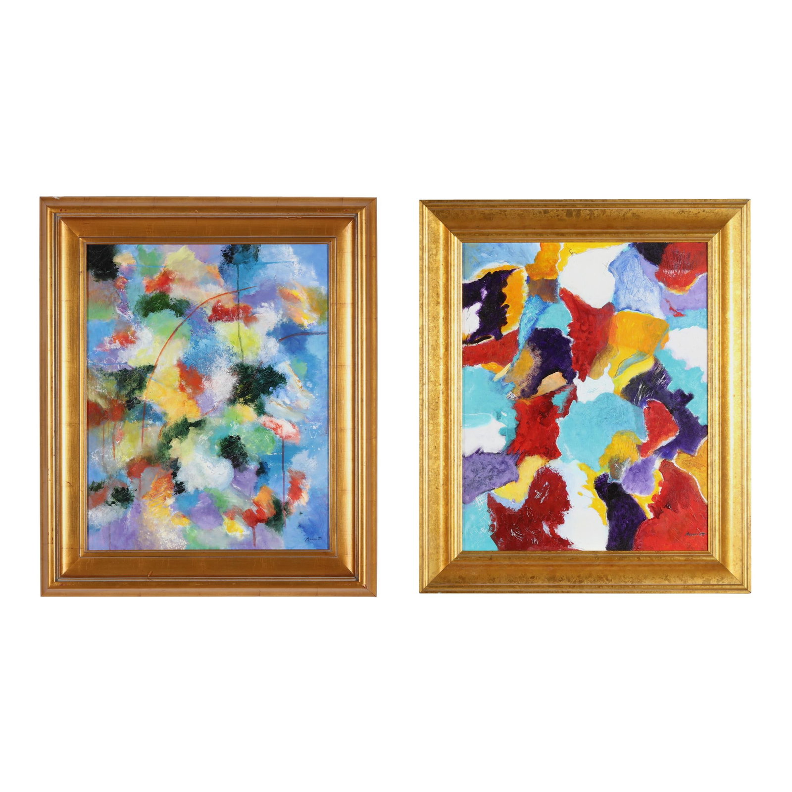 Marriot Little (NC, b. 1929), Chromatic Cosmos / Turquoise Playground (two works): Marriot Little (NC, b. 1929), Chromatic Cosmos / Turquoise Playground (two works) each acrylic on canvas painting, 2019 and 2021, signed at the lower right corners, inscribed to the versos, presented 