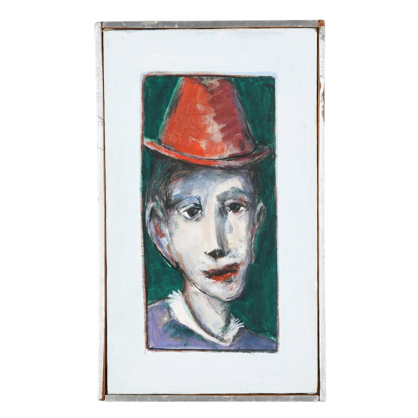 Robert Broderson (NC, 1920-1992), Boy with Red Hat: Robert Broderson (NC, 1920-1992), Boy with Red Hat acrylic on canvas, signed to the verso, framed. Stretcher size 14 x 8 1/4 in.; Frame dimensions 14 3/4 x 9 in. Broderson graduated from Duke Universi