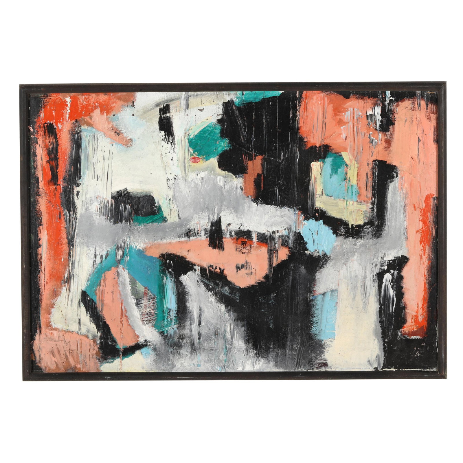 Ola Maie Foushee (NC), Untitled (Black and Pink Abstract): Ola Maie Foushee (NC), Untitled (Black and Pink Abstract) oil on Masonite, signed at the lower left, framed. Panel 22 1/2 x 32 3/4 in.; Frame dimensions 23 x 33 1/2 in. From the Private Collection of 