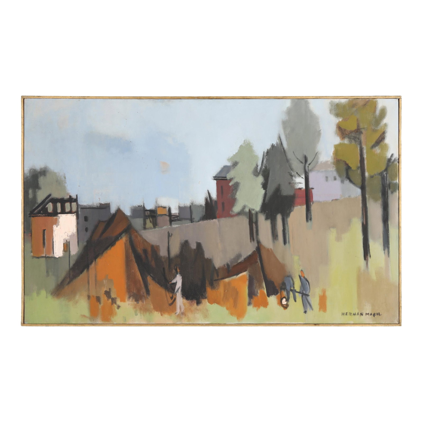Herman Maril (1908-1986), Suburban Development: Herman Maril (1908-1986), Suburban Development oil on canvas, signed at the lower right, retaining gallery label to verso, framed. Stretcher size 24 x 40 1/4 in.; Frame dimensions 24 1/2 x 40 3/4 in. 