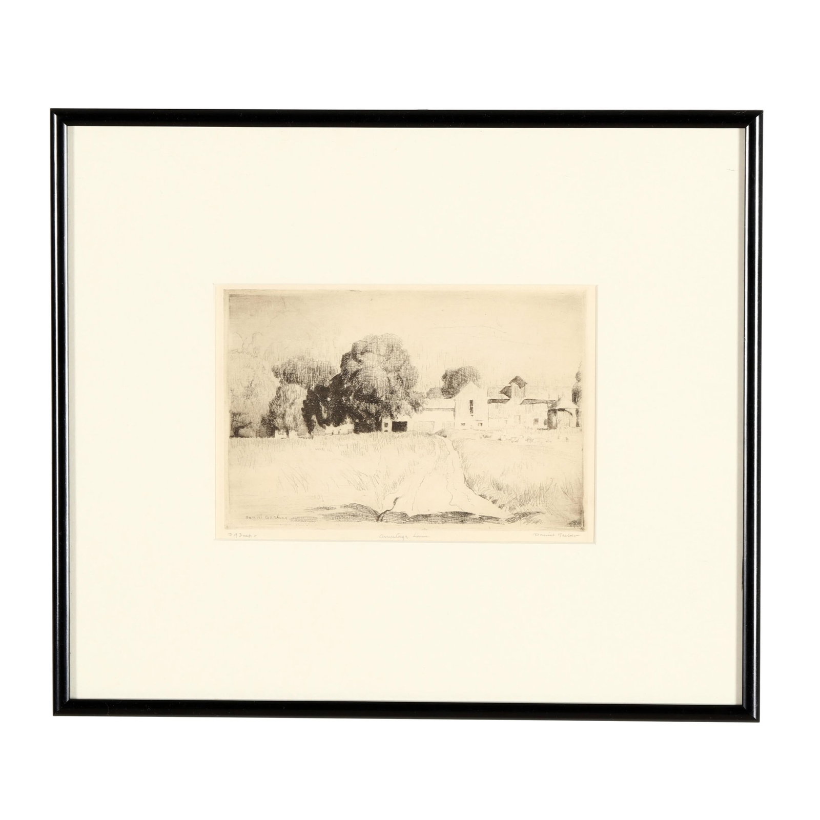 Daniel Garber (American, 1880-1958), Armitage Lane: Daniel Garber (American, 1880-1958), Armitage Lane soft-ground etching on cream wove paper, 1940, pencil signed, titled, and inscribed lower margin, with gallery label to verso, matted and framed. Pla