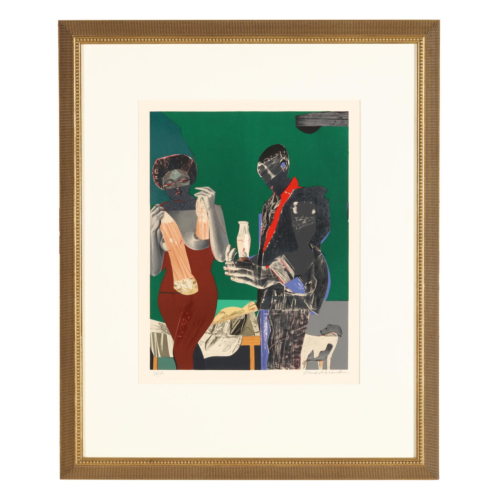 Romare Bearden (American, 1911-1988), Before the First Whistle: Romare Bearden (American, 1911-1988), Before the First Whistle lithograph in colors, 1973, pencil signed and numbered 32/50 lower margin, retains gallery label to verso, matted and framed. Geldburd & 