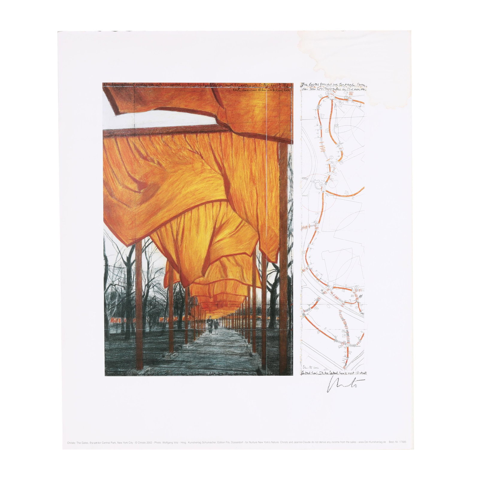Christo and Jeanne-Claude (American), The Gates XX: Christo and Jeanne-Claude (American), The Gates XX offset lithograph in colors, after the drawing of 2003, pencil signed by Christo at lower right, image by Wolfgang Volz, unframed. Image size 16 1/2 