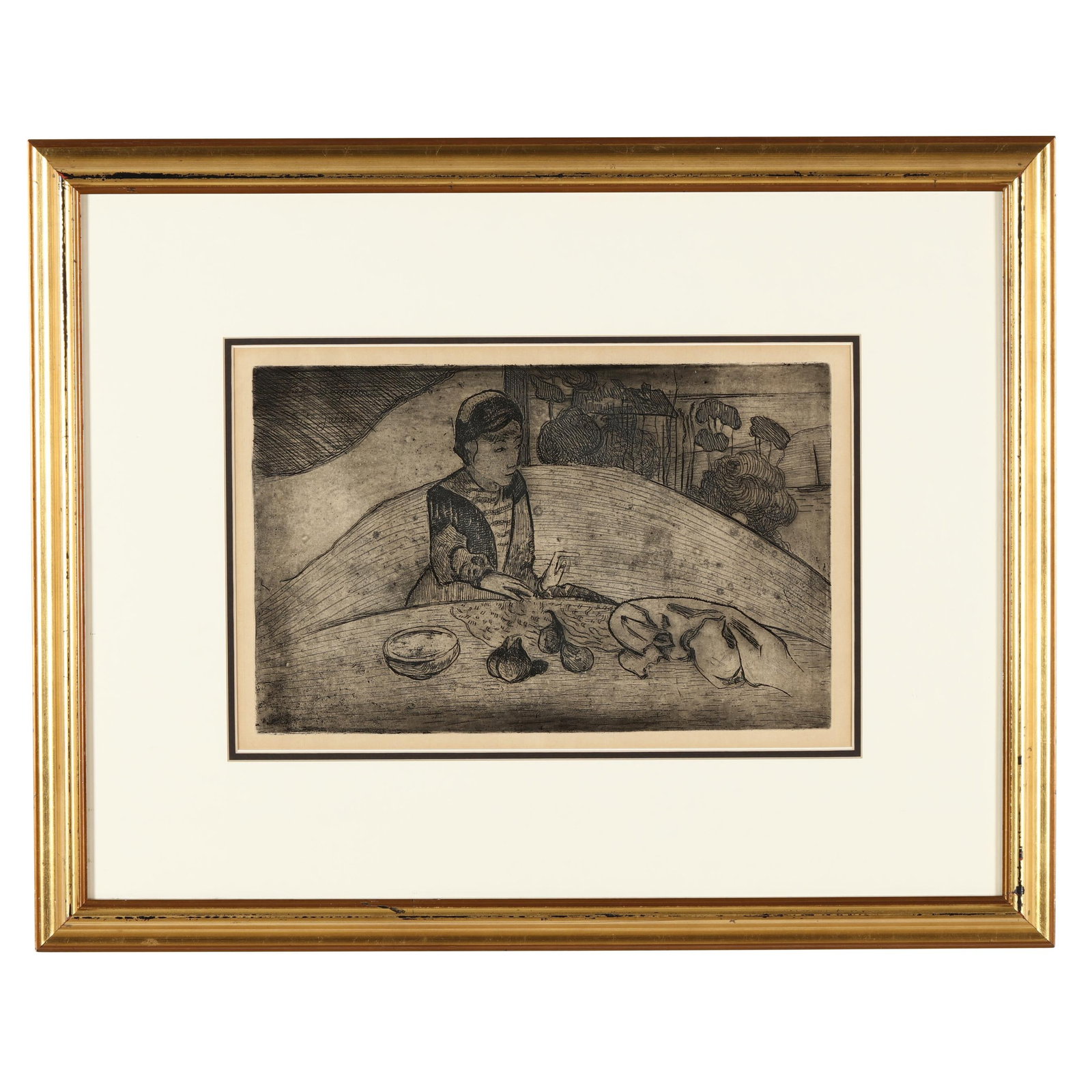 Paul Gauguin (French, 1848–1903), La Femme aux Figues (Woman with Figs): Paul Gauguin (French, 1848–1903), La Femme aux Figues (Woman with Figs) etching on laid paper, 1894, third state (of 3), matted and framed. Kornfeld 25. Platemark 10 1/2 x 16 1/2 in.; Frame dimensio