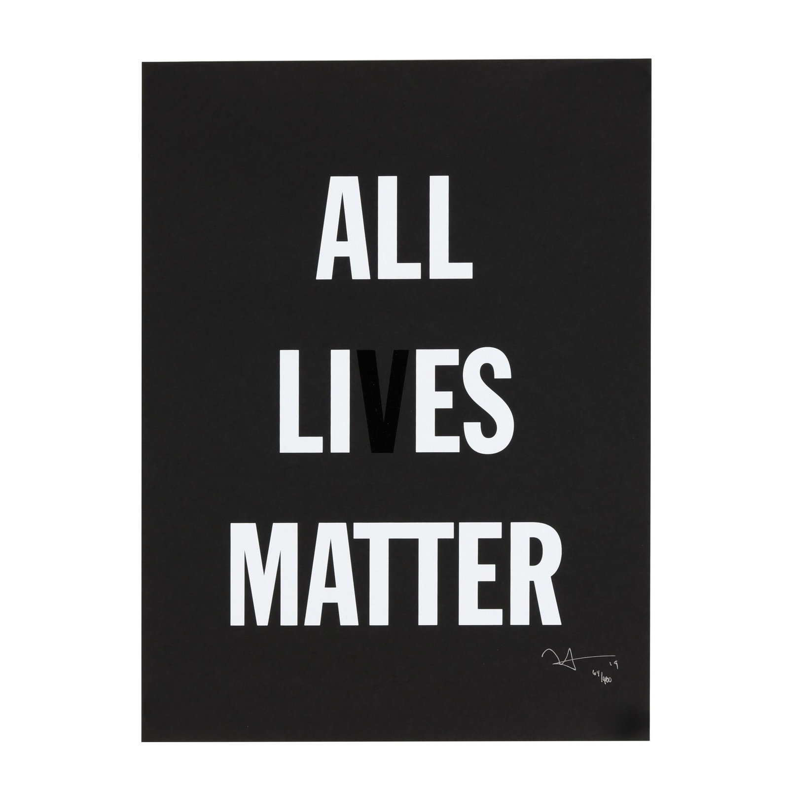 Hank Willis Thomas (American, b. 1976), All Lies Matter: Hank Willis Thomas (American, b. 1976), All Lies Matter screenprint in black and white on black wove paper, 2019, signed, dated, and numbered 64/400 in silver ink at lower right, published by the Publ