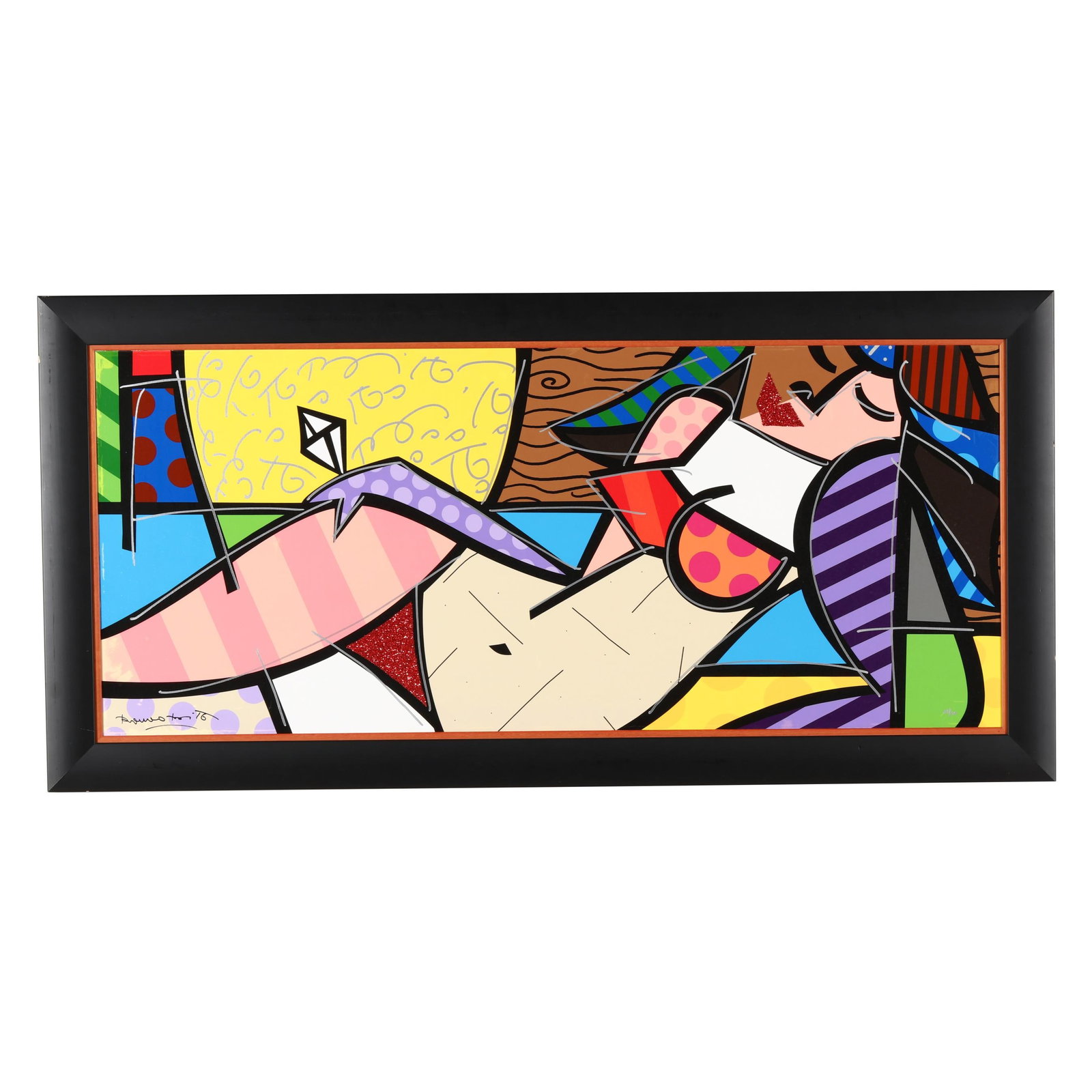 Romero Britto (Brazilian, b. 1963), Not a Wallflower: Romero Britto (Brazilian, b. 1963), Not a Wallflower mixed-media print on canvas with hand-embellishments, signed, dated, and numbered 31/60, framed. Sight size 21 x 49 3/4 in.; Frame dimensions 27 1/