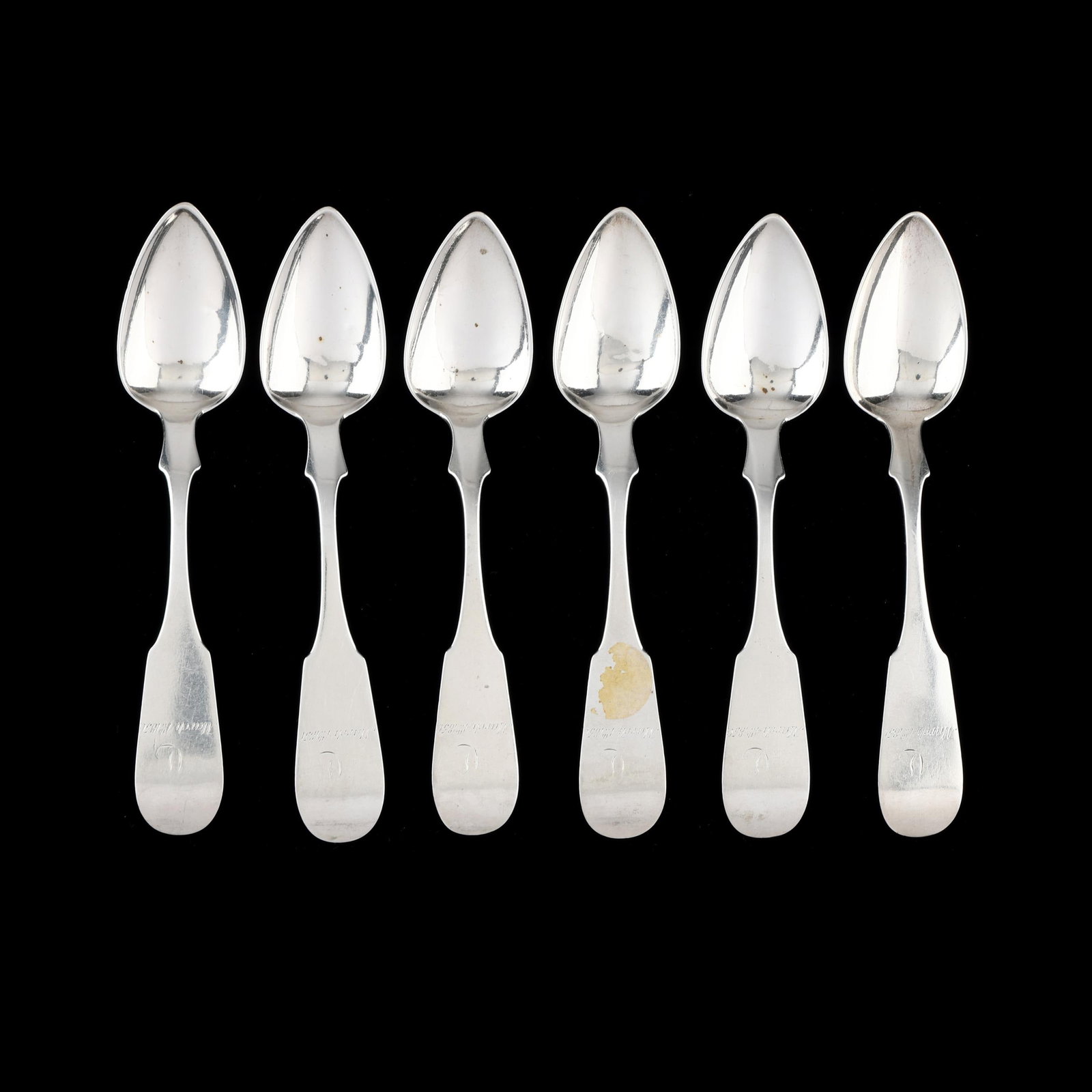 Set of Six Coin Silver Teaspoons, Mark of James Hansell: Set of Six Coin Silver Teaspoons, Mark of James Hansell Philadelphia and Valley Forge, Pennsylvania; active from 1816-1850, each with a rounded tipt end and pointed fins, with a period monogram and en