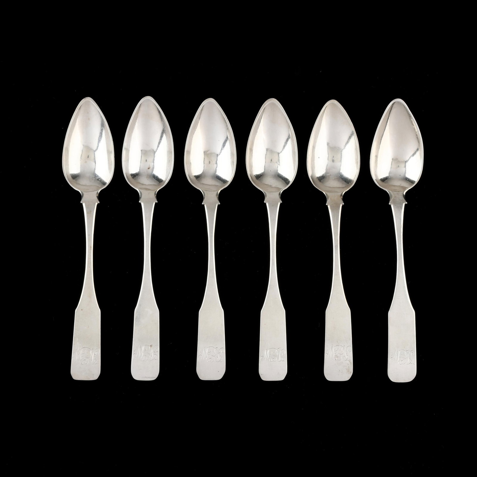 Set of Six American Coin Silver Teaspoons: Set of Six American Coin Silver Teaspoons not marked, circa 1825, monogrammed "J.E.W". Each 5 7/8 in. 3.05 total troy oz. Additional high-resolution photos are available at www.lelandlittle.com