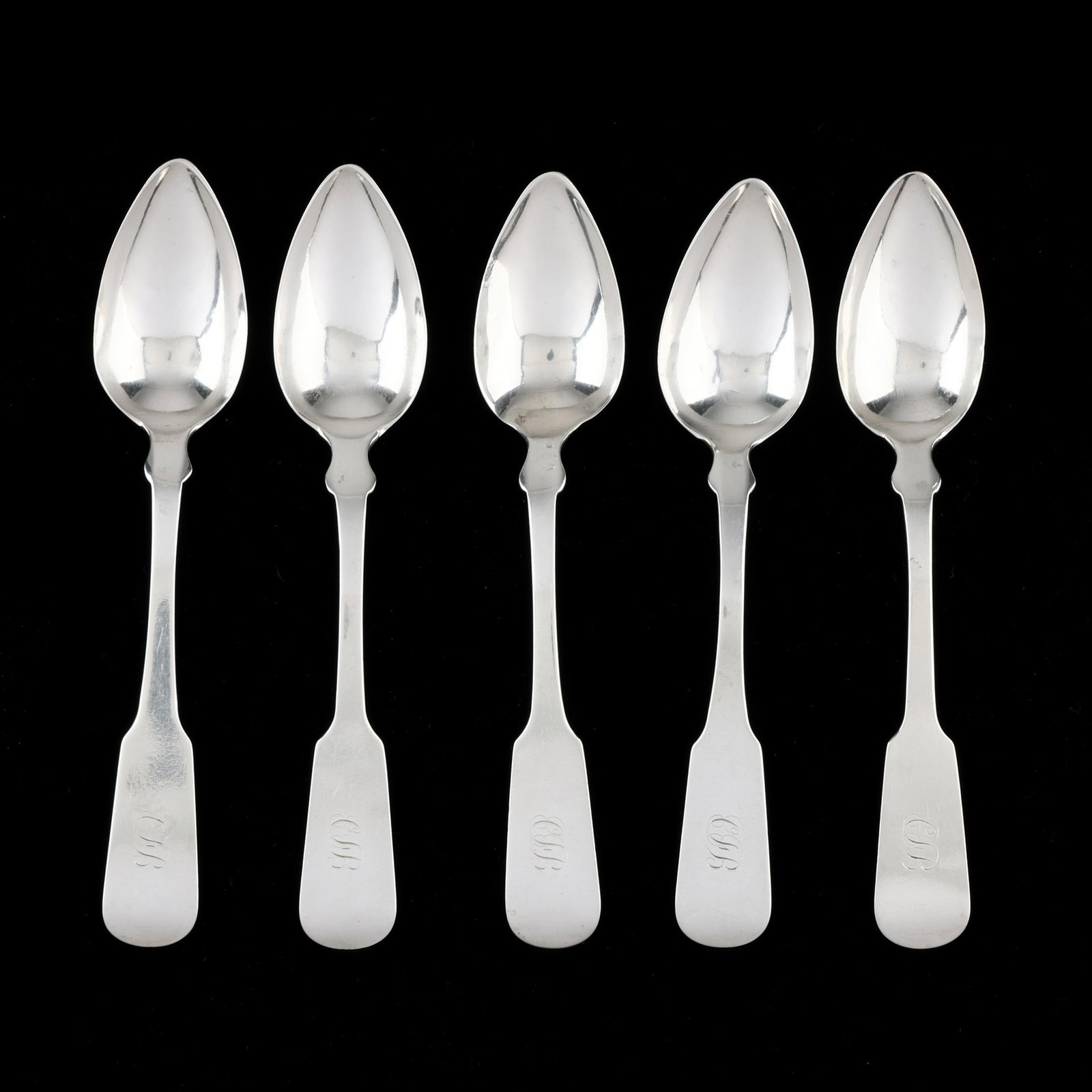 Set of Five Coin Silver Teaspoons, Mark of George Doty: Set of Five Coin Silver Teaspoons, Mark of George Doty Buffalo, New York, circa 1835, monogrammed "CB". Each 6 in. 2.7 troy oz. Additional high-resolution photos are available at www.lelandlittle.com