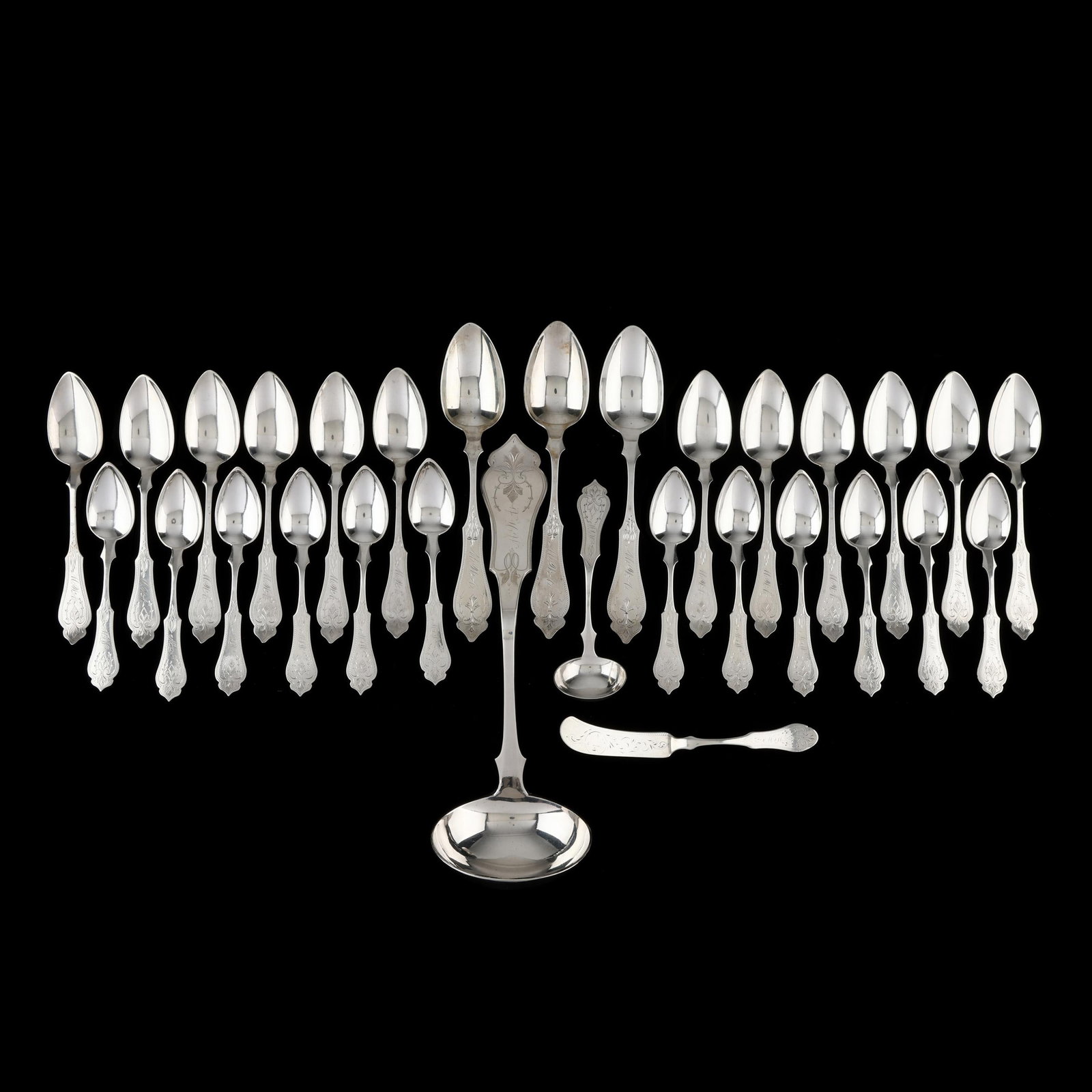 Set of (30) Pieces of Engraved Ohio Coin Silver Flatware: Set of (30) Pieces of Engraved Ohio Coin Silver Flatware Cincinnati Ohio, mid-19th century, marked "C O" within two diamonds, likely for Clemens Oskamp, retail marks of Clemens Oskamp and Wilson McGre