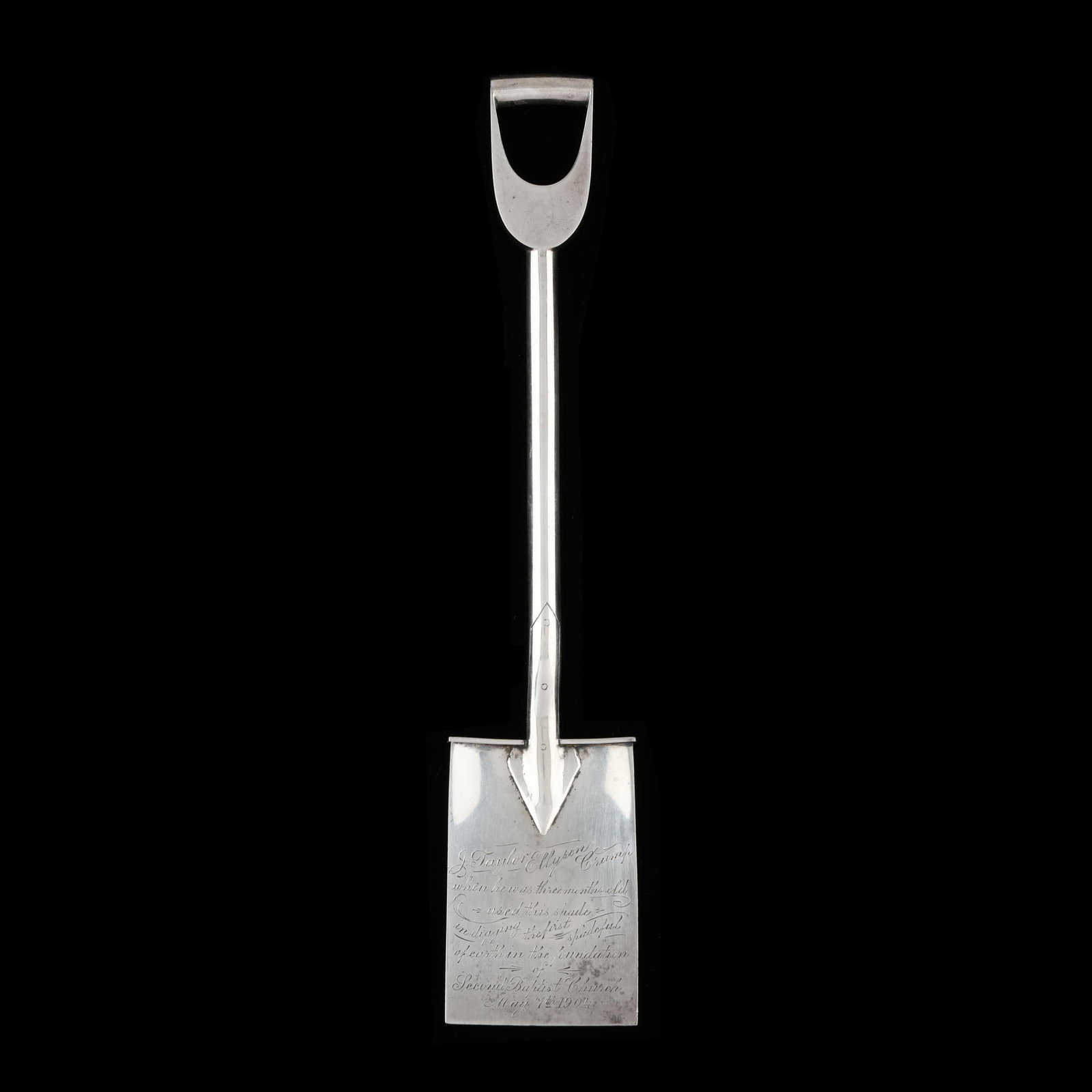 American Hand-Wrought Coin Silver Commemorative Spade: American Hand-Wrought Coin Silver Commemorative Spade engraved "J. Taylor Ellyson Crump / when he was three months old / used this spade / in digging the first spadeful / of earth in the foundation of