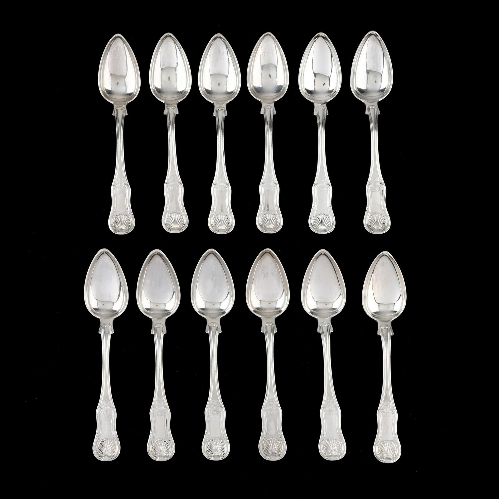 Twelve Coin Silver King Soup Spoons, Mark of A. E. Warner: Twelve Coin Silver King Soup Spoons, Mark of A. E. Warner Baltimore, mid-19th century, marked "A. E. Warner" and "11", oval bowl soup or dessert place spoons, not monogrammed. 7 1/8 in. 18.45 troy oz.