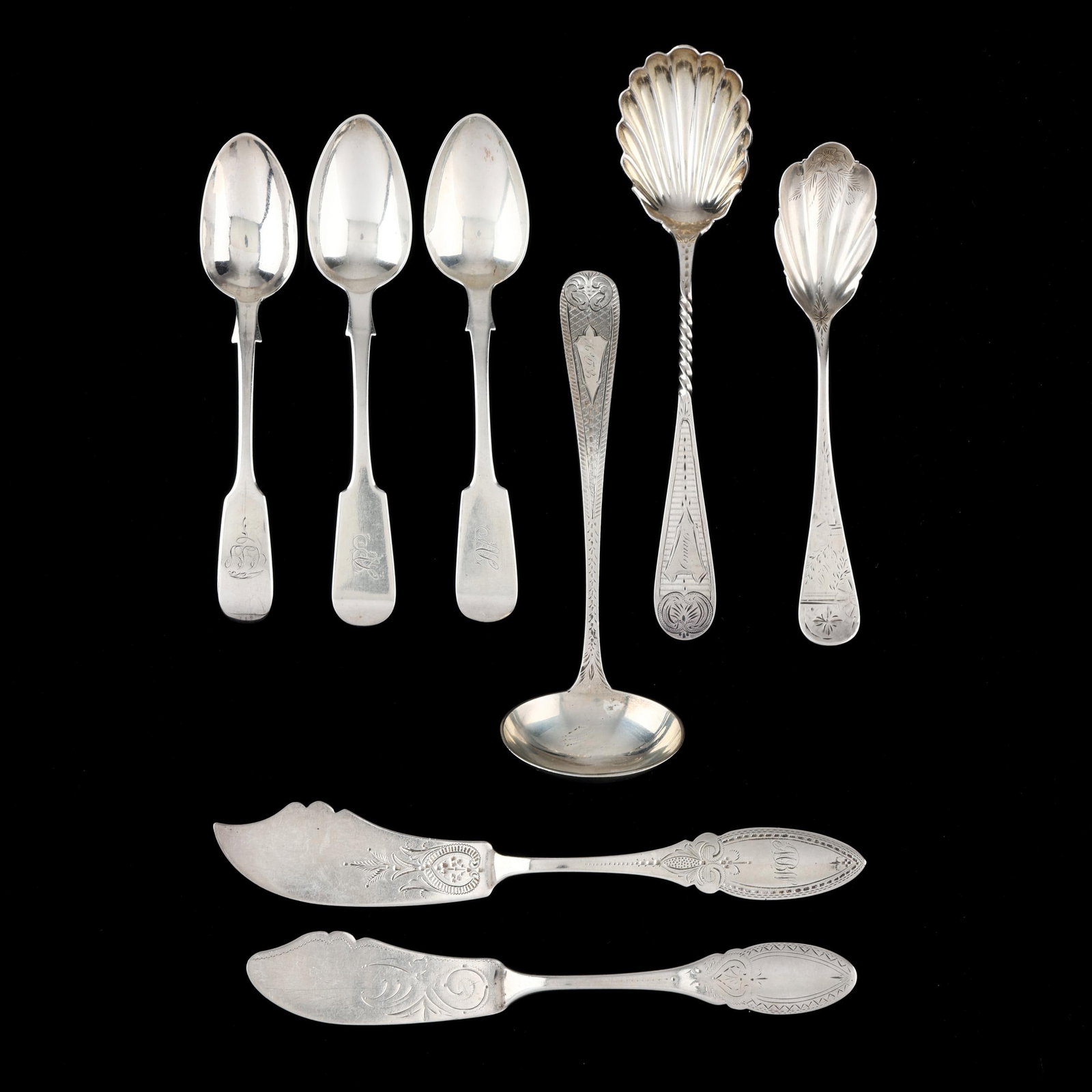 Eight Pieces of Coin Silver Flatware, Most are Retailed by A. E. Warner (1 of 7)