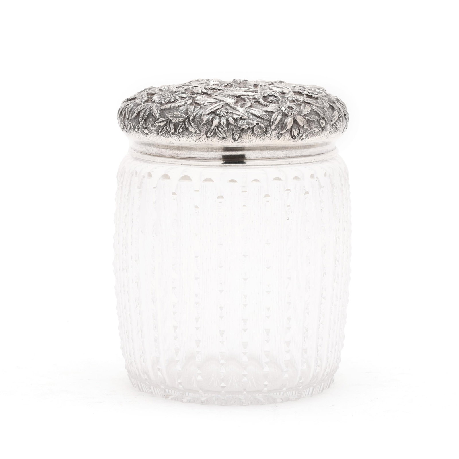 S. Kirk & Son Co. Repousse Sterling Silver and Cut Crystal Humidor: S. Kirk & Son Co. Repousse Sterling Silver and Cut Crystal Humidor Baltimore, circa 1896-1924, the sterling silver lid with hand-chased multi-floral motifs against a stippled ground, the crystal jar w