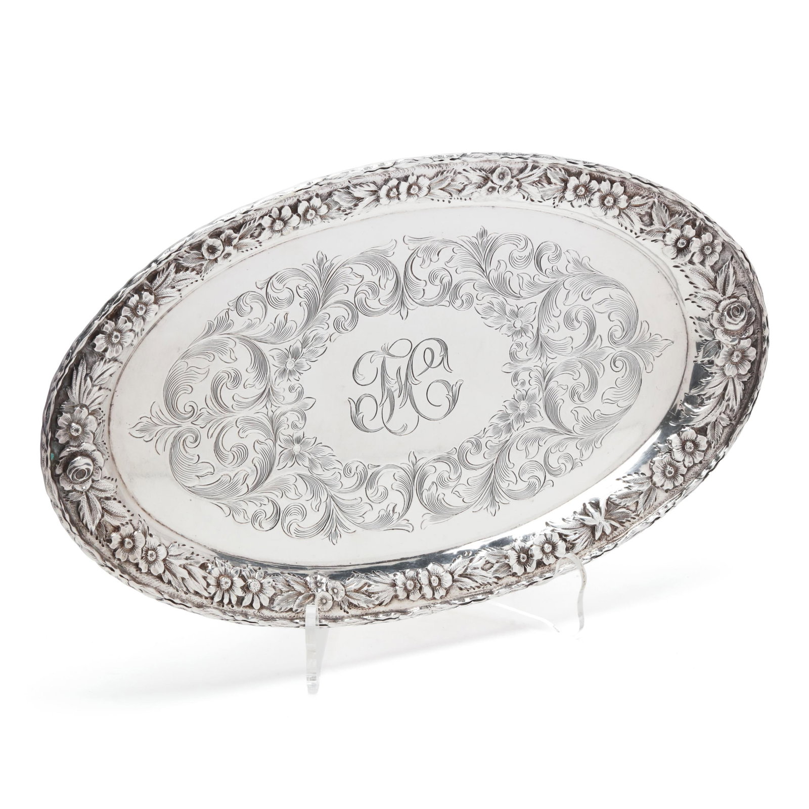 S. Kirk & Son Repousse Sterling Silver Dresser Tray: S. Kirk & Son Repousse Sterling Silver Dresser Tray 20th century, pattern number 150F, with an engraved well and script monogram. 15 3/4 x 9 3/4 in. 6.7 troy oz. Additional high-resolution photos are 