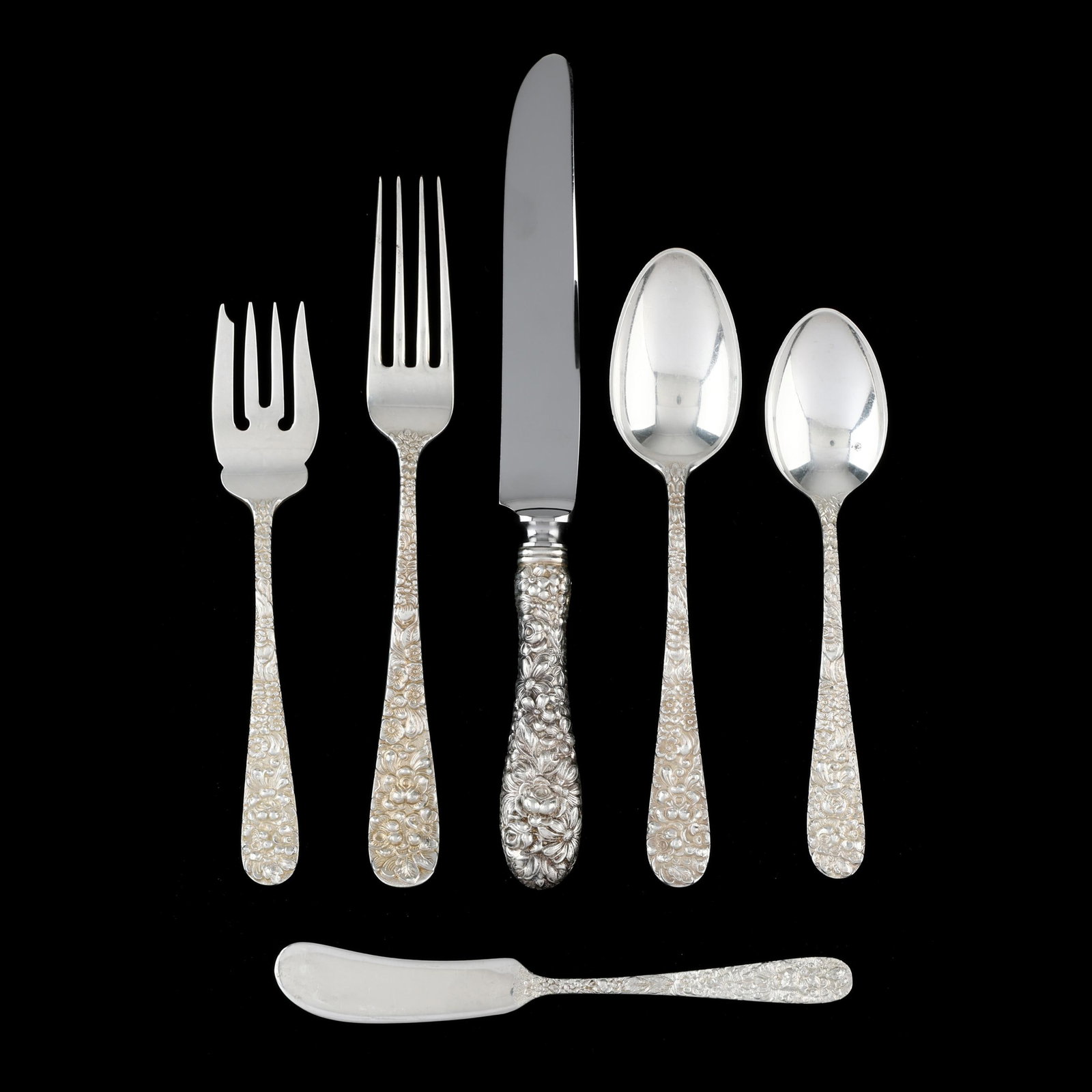 Large Assembled Repousse Sterling Silver Flatware Service (1 of 5)