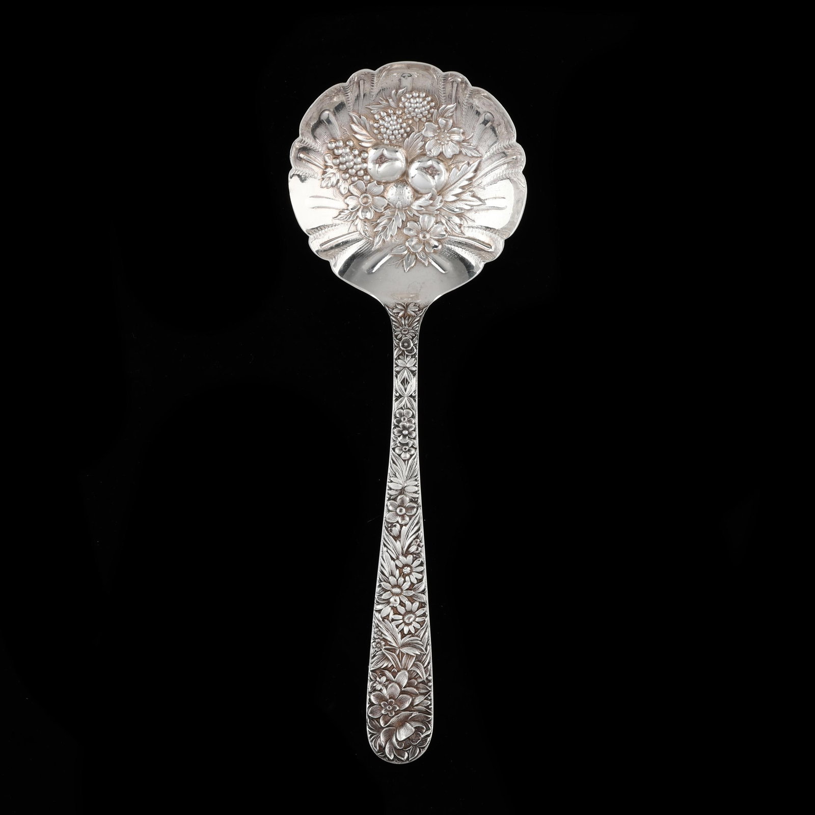 S. Kirk & Son Repousse Sterling Silver Berry Spoon: S. Kirk & Son Repousse Sterling Silver Berry Spoon first half of the 20th century, retailed by Shreve, Crump, & Low Co. of Boston, with period "A" monogram to verso of handle. 9 5/8 in. 3.7 troy oz. F