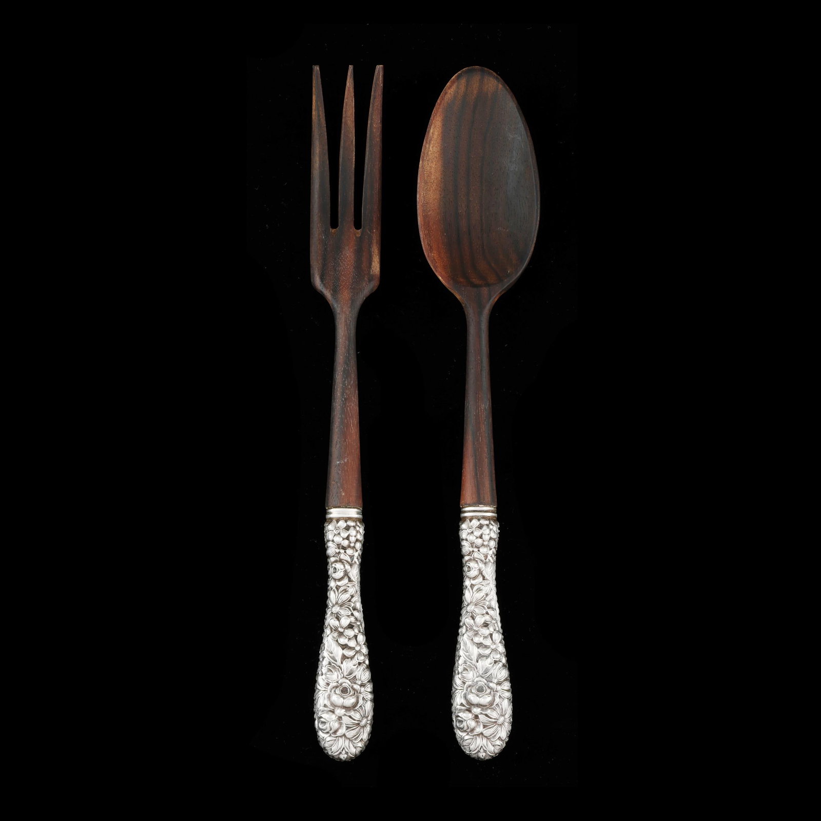 Stieff Rose Sterling Silver Salad Set: Stieff Rose Sterling Silver Salad Set early 20th century, with French olivewood bowl and tines, not monogrammed. 11 in. Private Collection of a Gentleman, Weems, Virginia Additional high-resolution