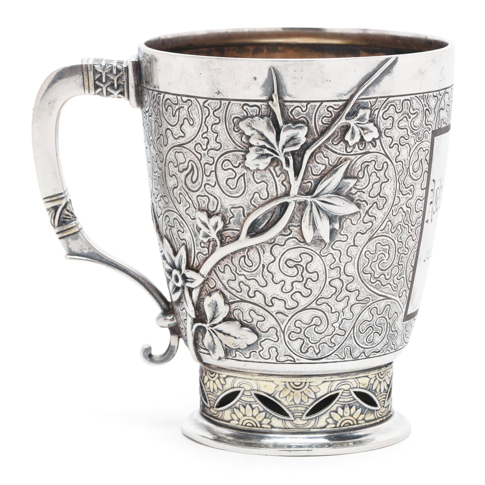 Tiffany & Co. Aesthetic Period Sterling Silver Mug: Tiffany & Co. Aesthetic Period Sterling Silver Mug period mark circa 1873-1891, directorship of Edward Moore, pattern number 2837, with acid-etched decoration to the body and flowering branches in rel