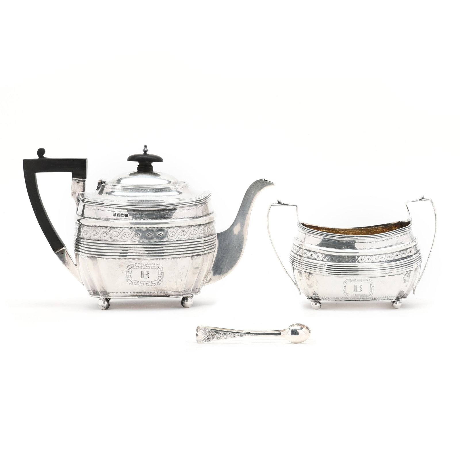 Assembled English Silver Teapot, Sugar Bowl, and Tong Set (1 of 12)