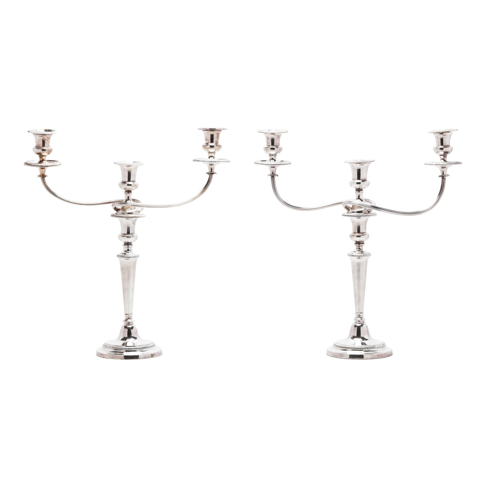 Pair of Sheffield Silver-Plated Candelabra, Mark of Matthew Boulton: Pair of Sheffield Silver-Plated Candelabra, Mark of Matthew Boulton Birmingham, circa 1784 and after, each with the twin suns mark to each part, two-part forms with separate bobeches, and egg and dart
